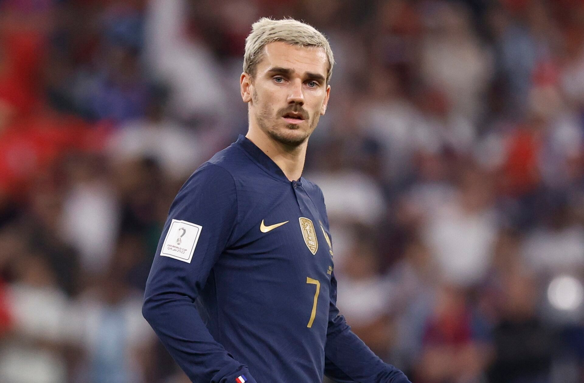 France forward Antoine Griezmann (7) looks on during the second half against Tunisia in a group stage match during the 2022 World Cup at Education City Stadium.