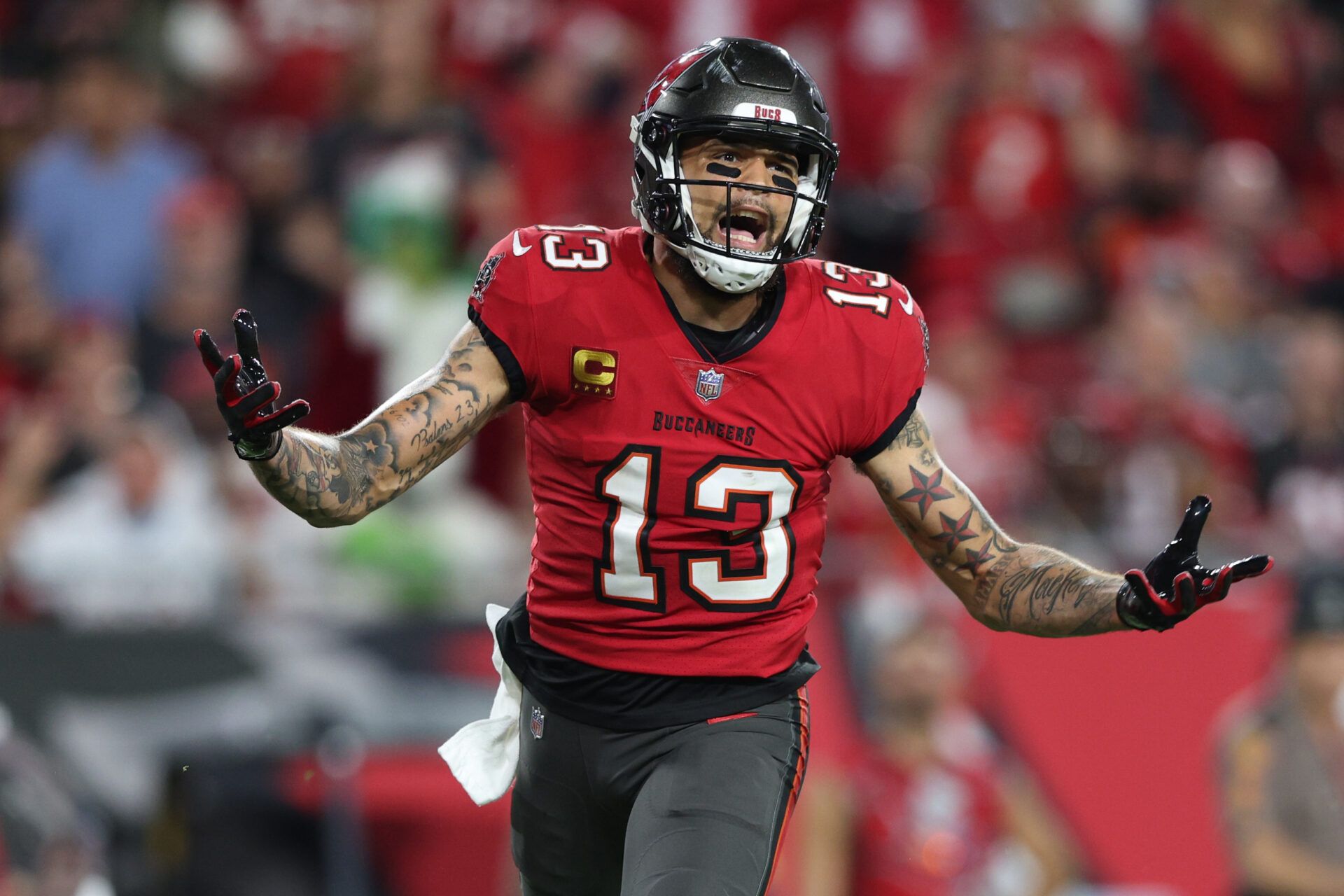 Tampa Bay Buccaneers wide receiver Mike Evans (13) reacts after a flag against the New Orleans Saints in the fourth quarter at Raymond James Stadium.