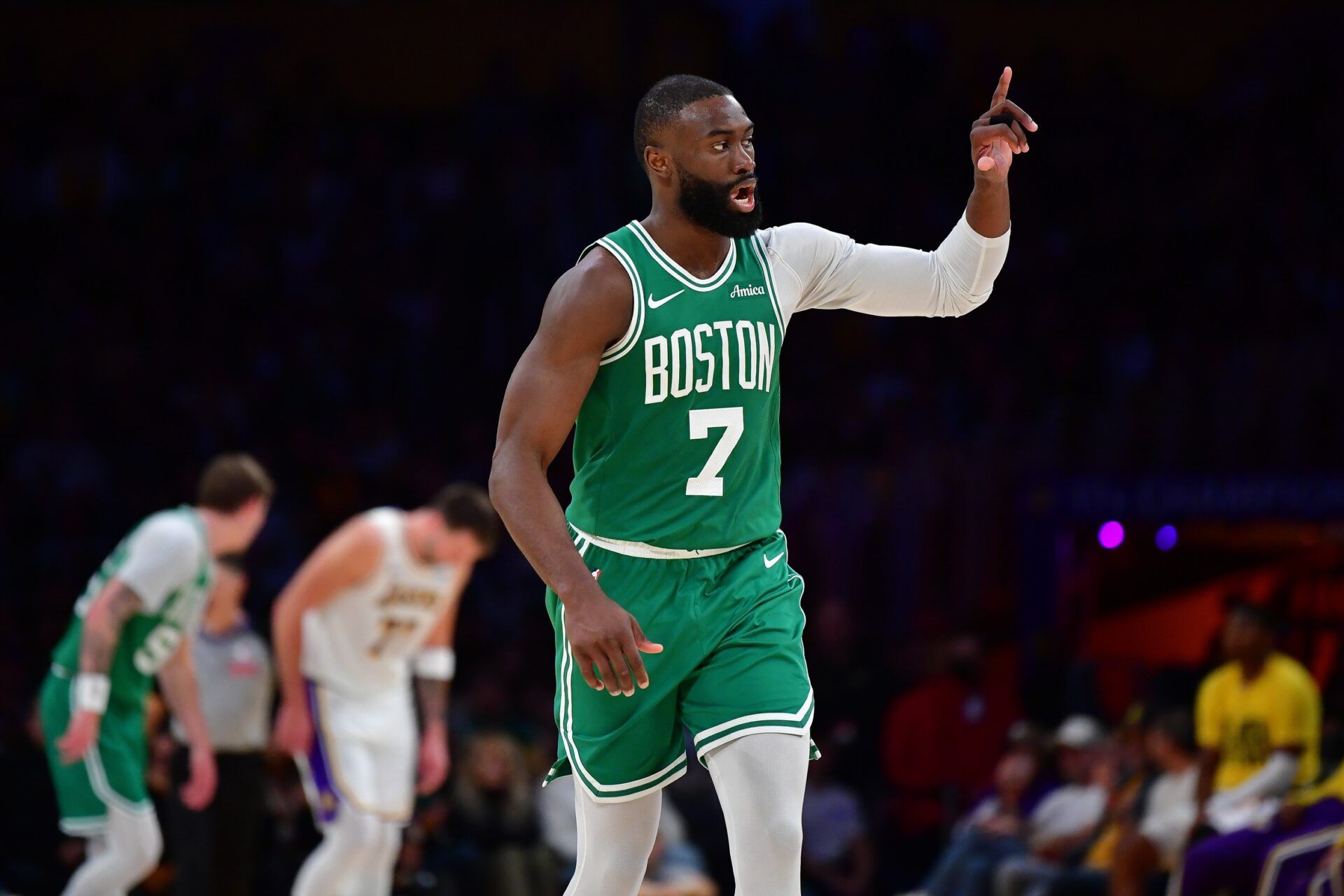 Boston Celtics guard Jaylen Brown (7) reacts after scoring three point basket against the Los Angeles Lakers during the second half at Crypto.com Arena.
