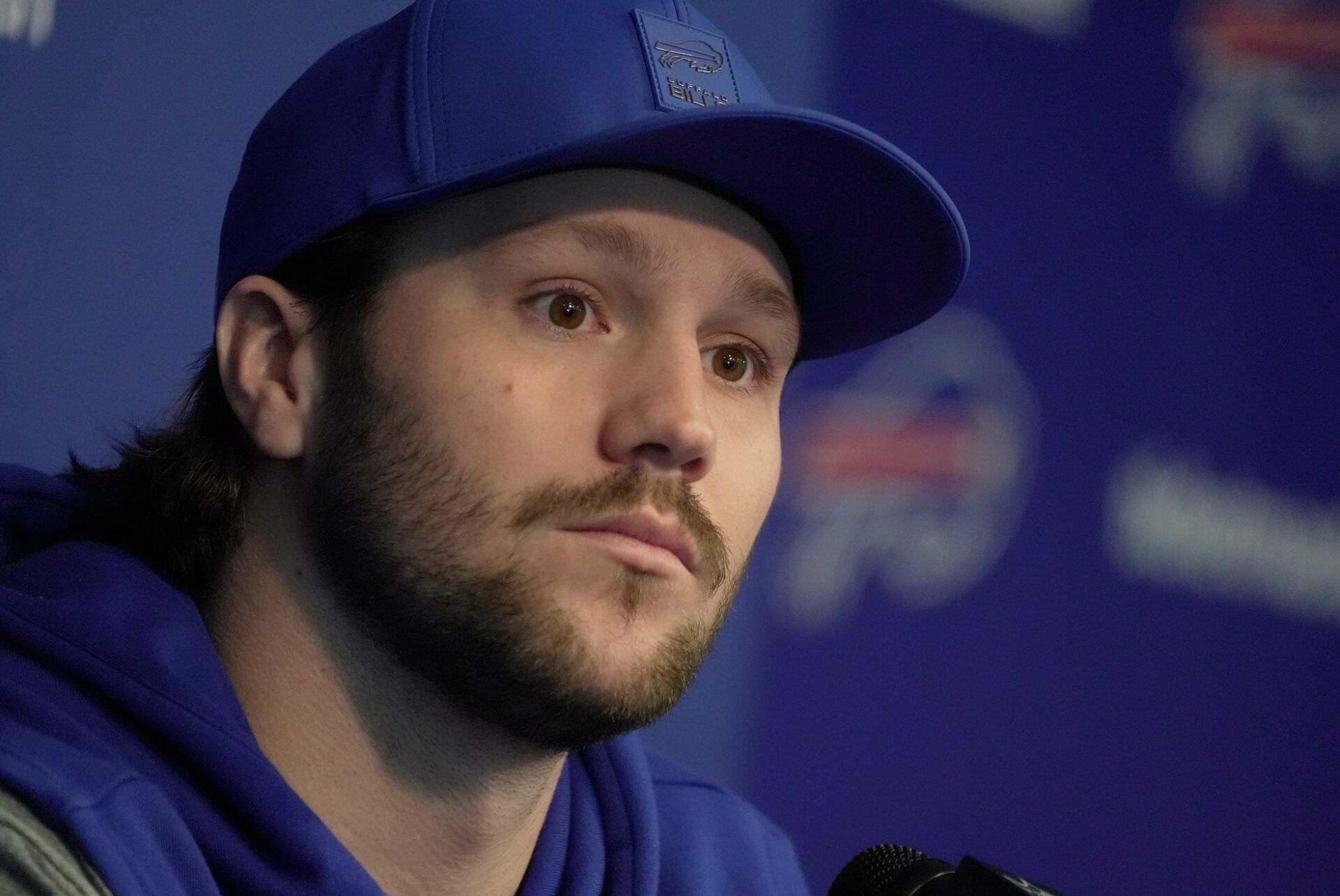 Bills quarterback Josh Allen answers a range of questions after the press conference introducing Joe Brady as the new head coach at the Bills field house in Orchard Park on Jan. 29, 2026.