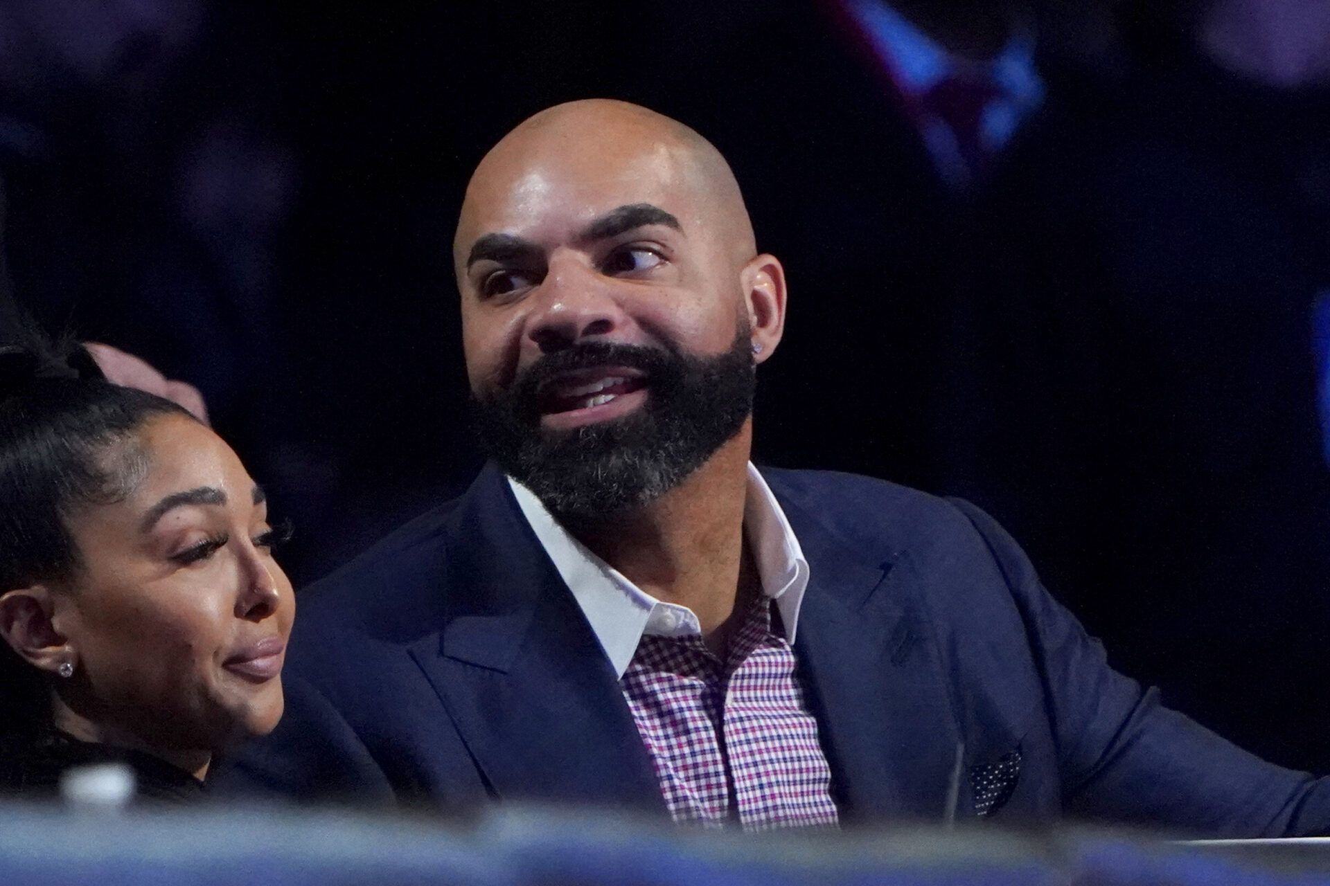 Former NBA player Carlos Boozer looks on in the first half of the in season tournament championship final between the Los Angeles Lakers and the Indiana Pacers at T-Mobile Arena.