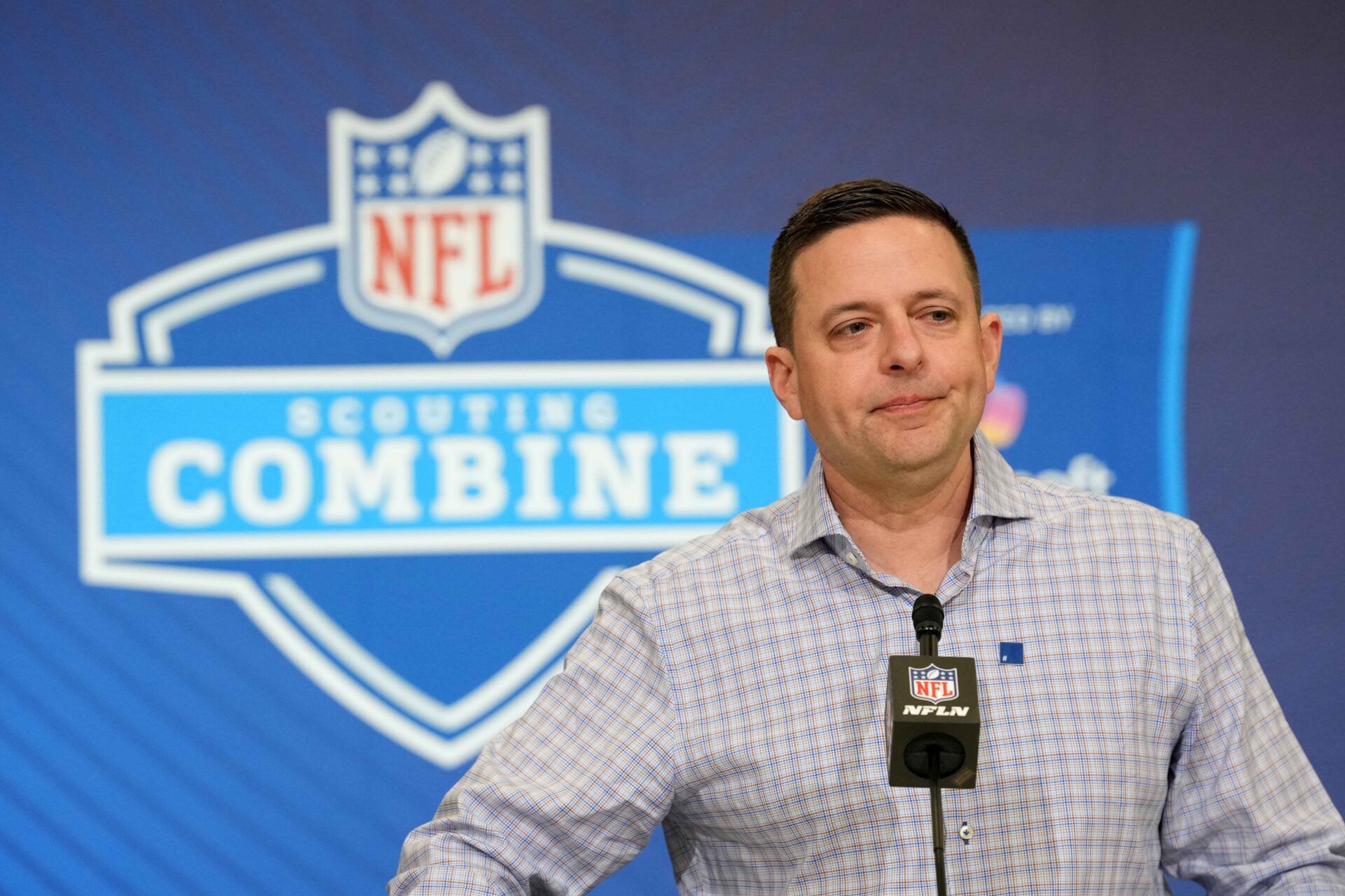 New England Patriots general manager Eliot Wolf speaks at the NFL Scouting Combine at the Indiana Convention Center.