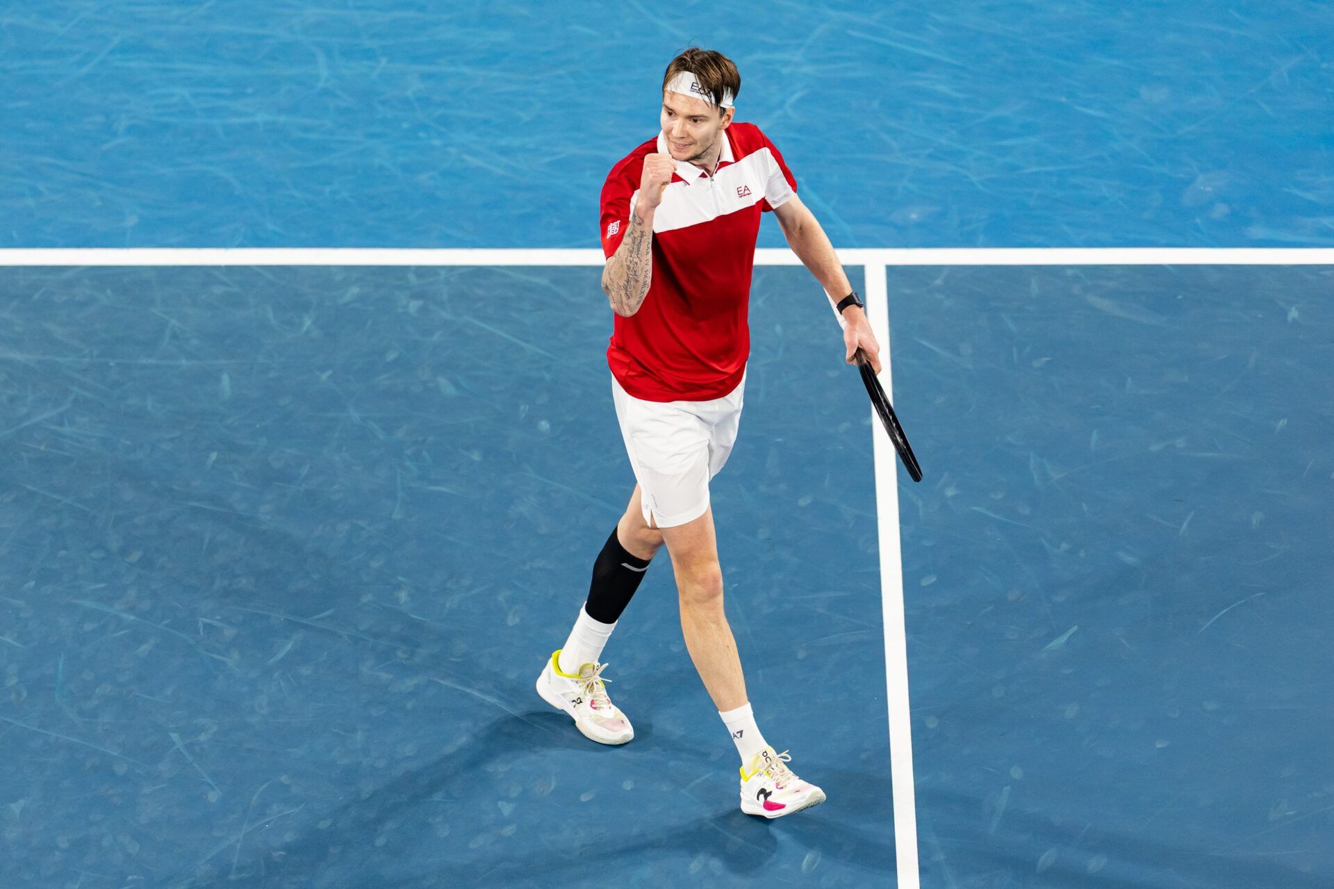 Alexander Bublik of Kazakhstan in action against Jenson Brooksby of United States in the first round of the men’s singles at the Australian Open at Margaret Court Arena in Melbourne Park.