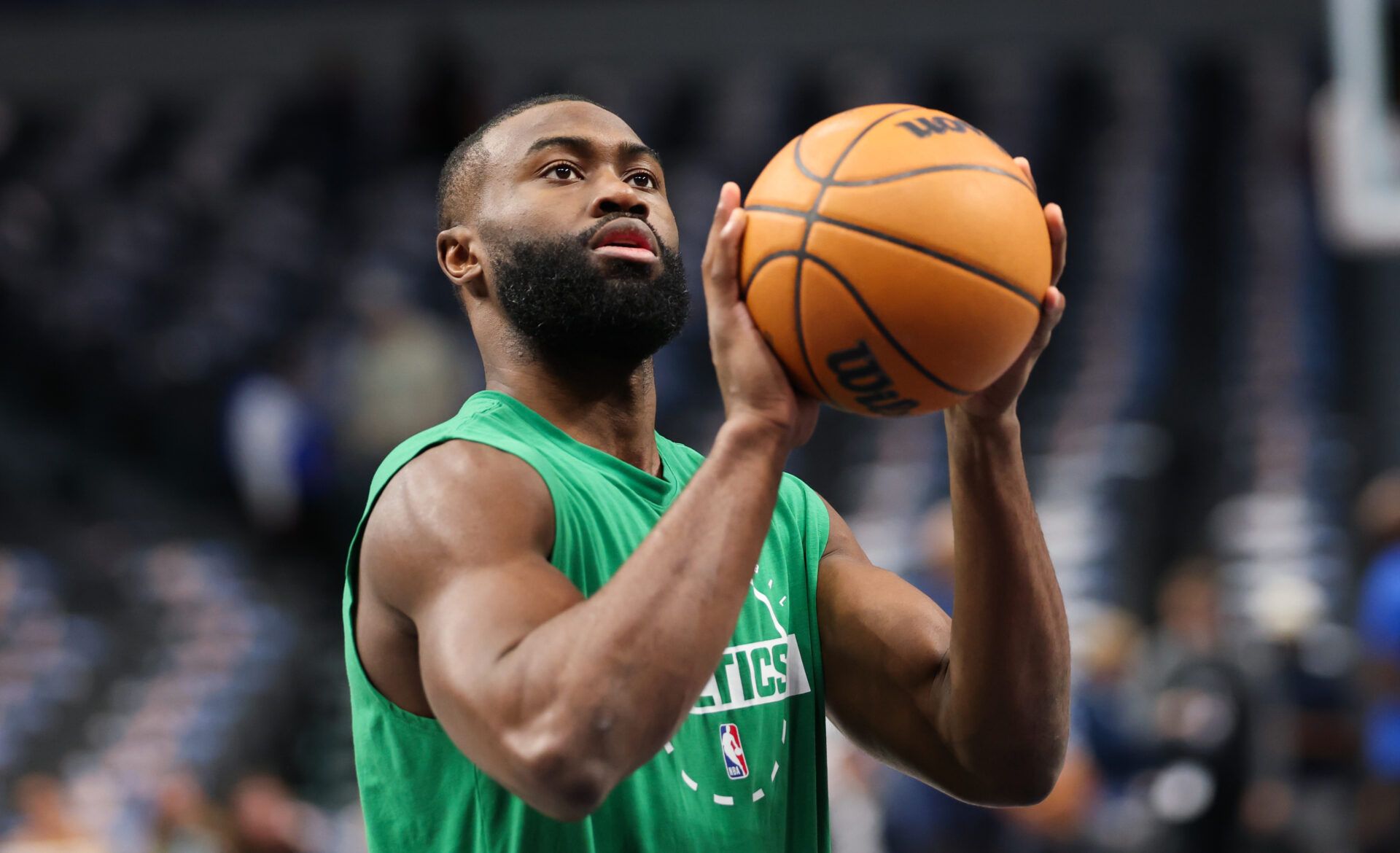 Boston Celtics guard Jaylen Brown (7) warms up before the game against the Dallas Mavericks at American Airlines Center.