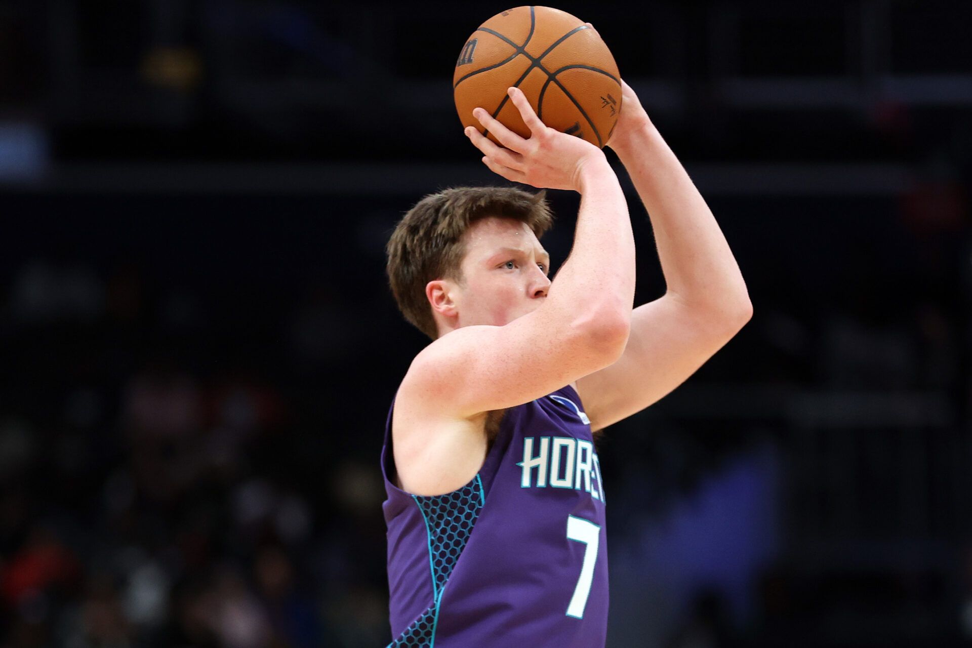 Charlotte Hornets guard Kon Knueppel (7) takes a shot during the second half against the Washington Wizards at Capital One Arena.