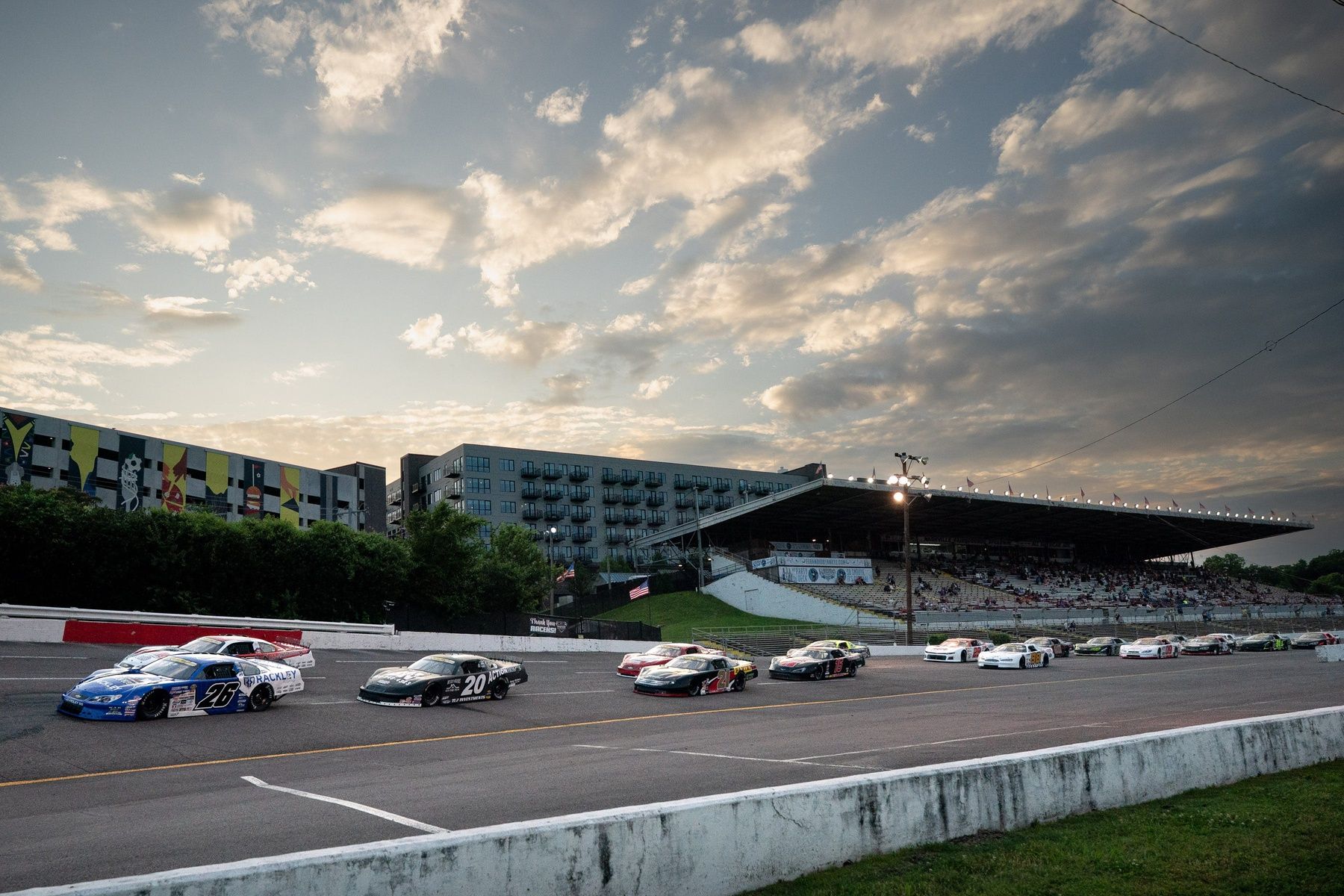 Drivers head into the first lap during the Battle of Broadway 150 at the Nashville Fairgrounds Speedway in Nashville, Tenn., Thursday, May 29, 2025.