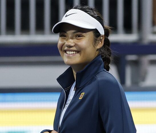Emma Raducanu (GBR) smiles during an on court interview after her match against McCartney Kessler (USA)(not pictured) on day six of the Miami Open at Hard Rock Stadium.