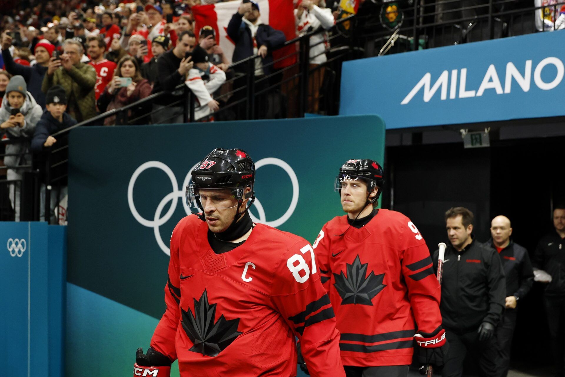 Sidney Crosby of Canada walks out to the ice before a men's ice hockey quarterfinal during the Milano Cortina 2026 Olympic Winter Games at Milano Santagiulia Ice Hockey Arena.