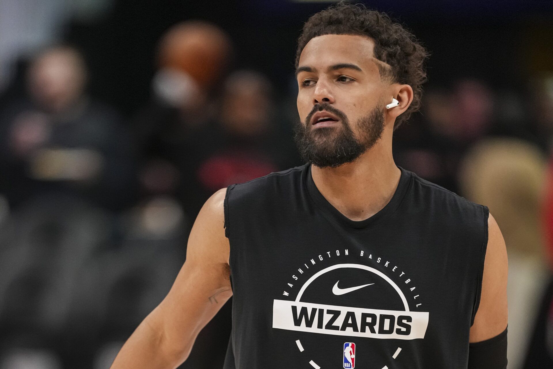 Washington Wizards guard Trae Young (3) warms up on the court before the game against the Atlanta Hawks at State Farm Arena.