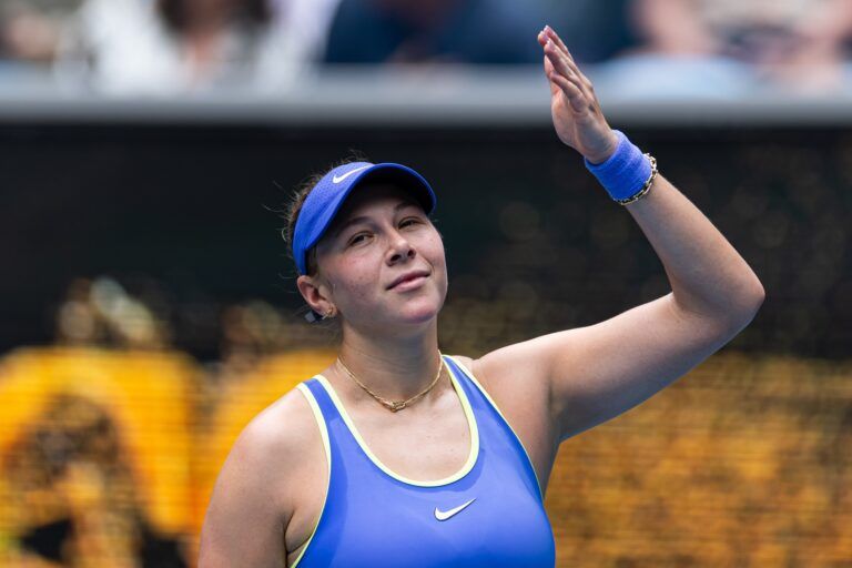 Amanda Anisimova of United States celebrates her victory over Simona Waltert of Switzerland in the first round of the women’s singles at the Australian Open at Margaret Court Arena in Melbourne Park.