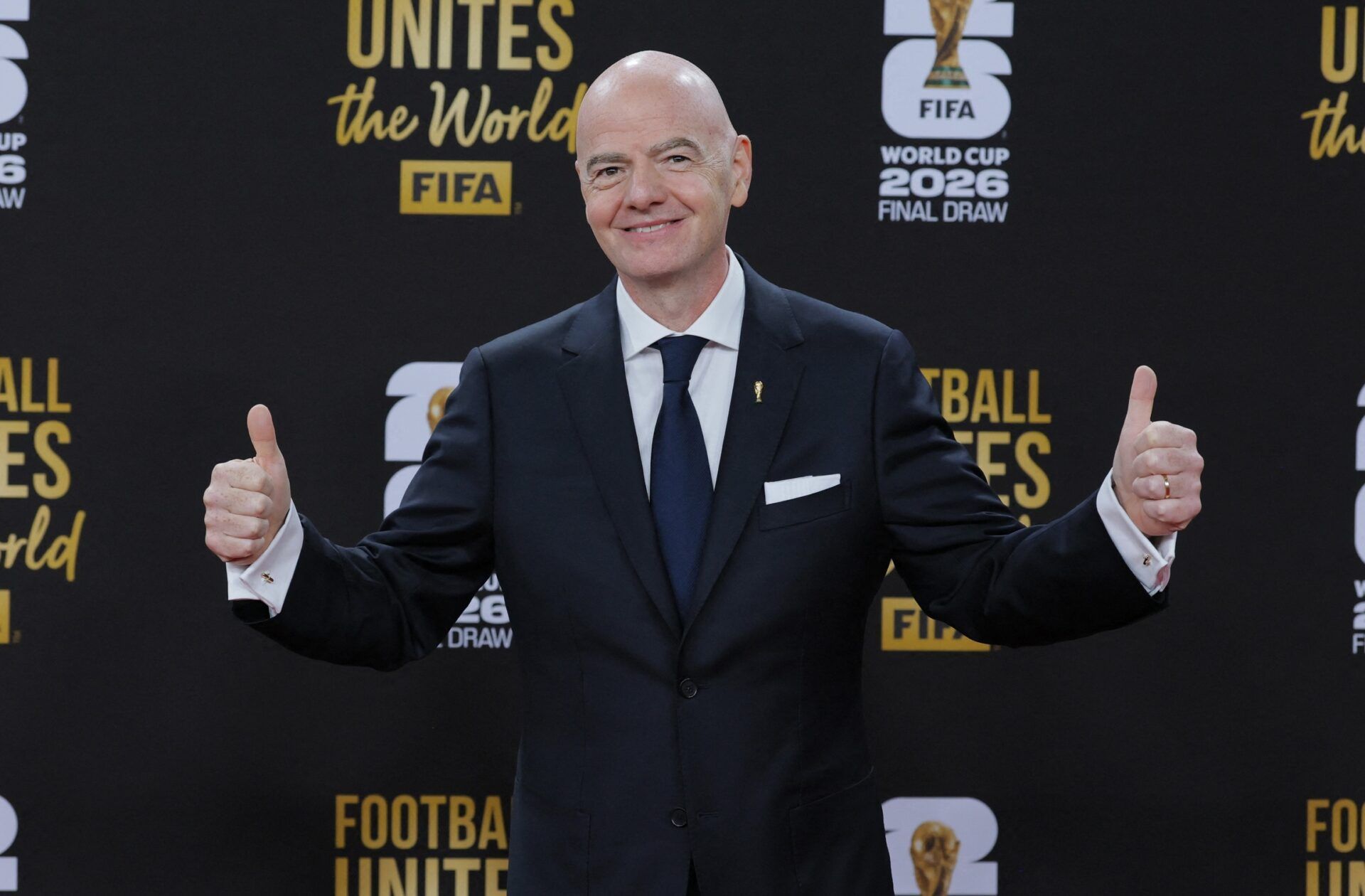 [US, Mexico & Canada customers only] Dec 5, 2025; Washington, District of Columbia, USA; FIFA President Gianni Infantino arrives on the red carpet ahead of the FIFA World Cup 2026 Final Draw at John F. Kennedy Center for the Performing Arts.