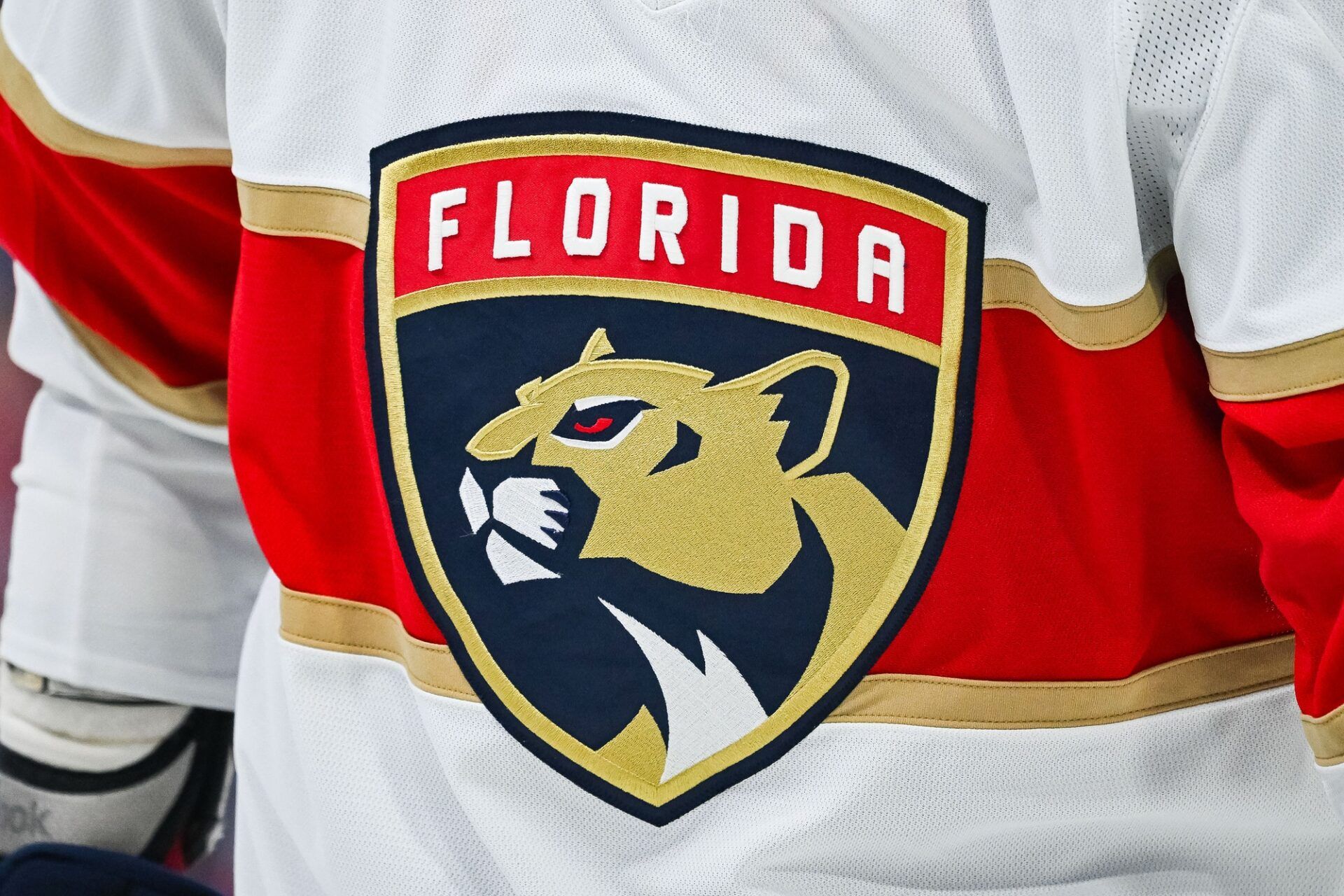 View of a Florida Panthers logo on a jersey worn by a member of the team during warm-up before the game against the Montreal Canadiens at Bell Centre.