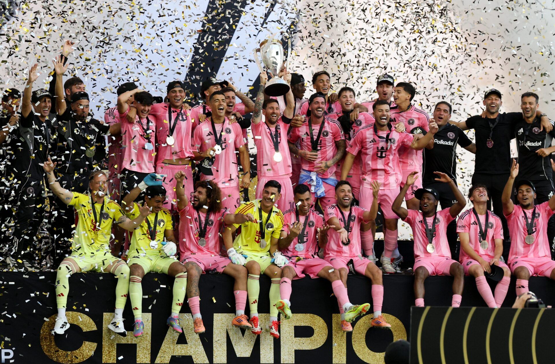 Inter Miami forward Lionel Messi (10) lifts the Philip F. Anschutz trophy after winning the 2025 MLS Cup against the Vancouver Whitecaps FC at Chase Stadium.