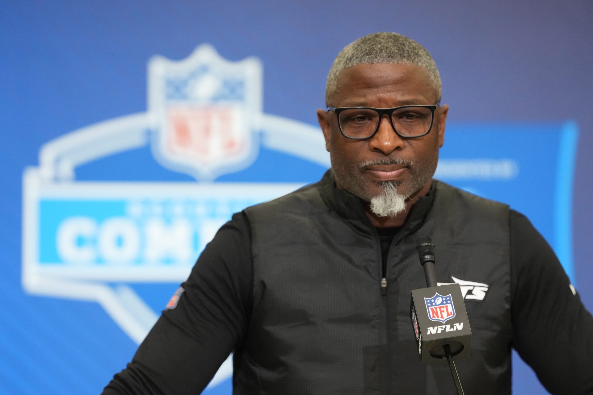 New York Jets coach Aaron Glenn speaks at the NFL Scouting Combine at the Indiana Convention Center.