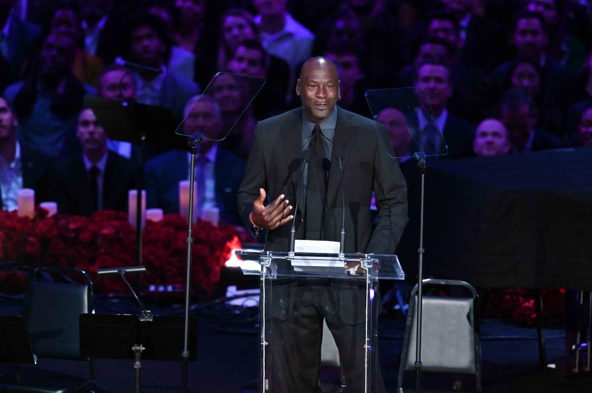 NBA legend Michael Jordan speaks to the audience during the memorial to celebrate the life of Kobe Bryant and daughter Gianna Bryant at Staples Center.