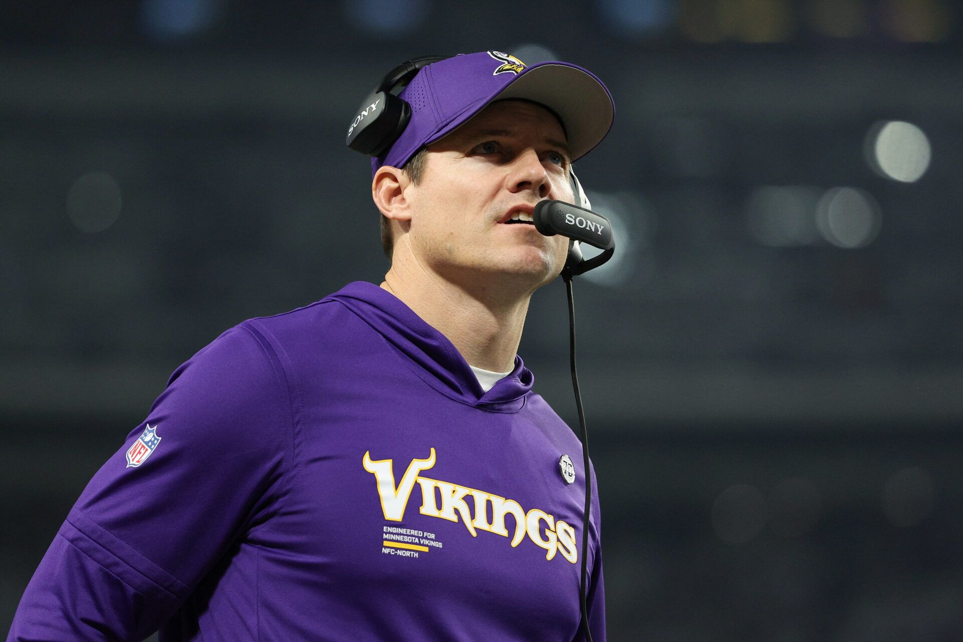 Minnesota Vikings head coach Kevin O'Connell looks on in the second quarter against the Detroit Lions at U.S. Bank Stadium.