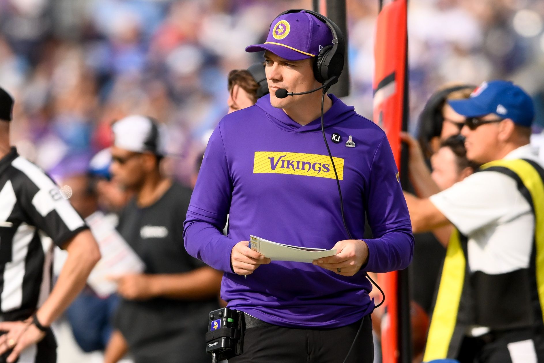 Minnesota Vikings head coach Kevin O’Connell paces the sidelines against the Tennessee Titans during the first half at Nissan Stadium.