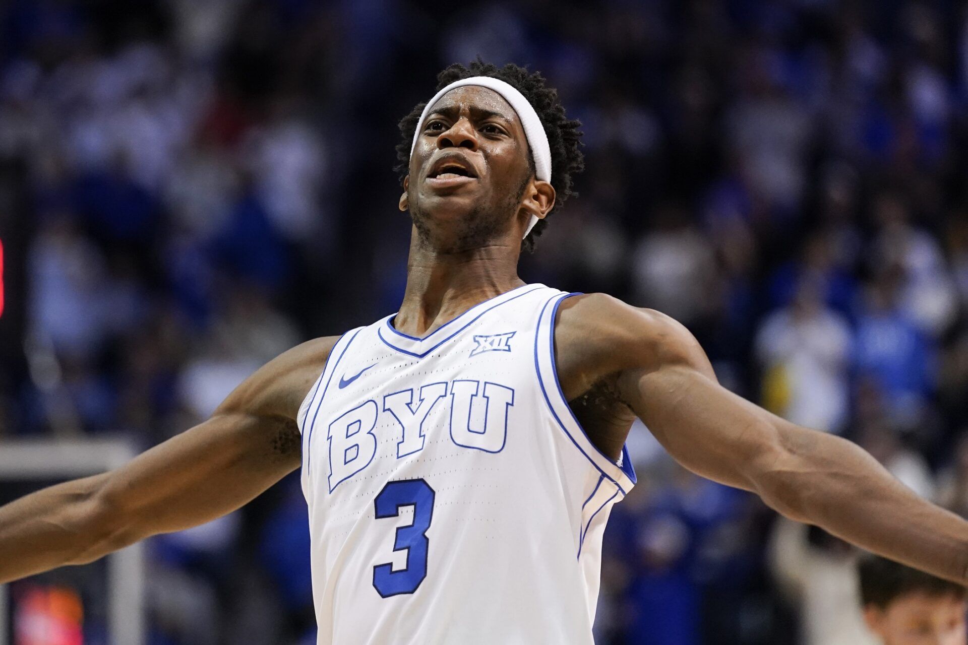 BYU Cougars forward AJ Dybantsa (3) reacts during the second half against the Iowa State Cyclones at Marriott Center.