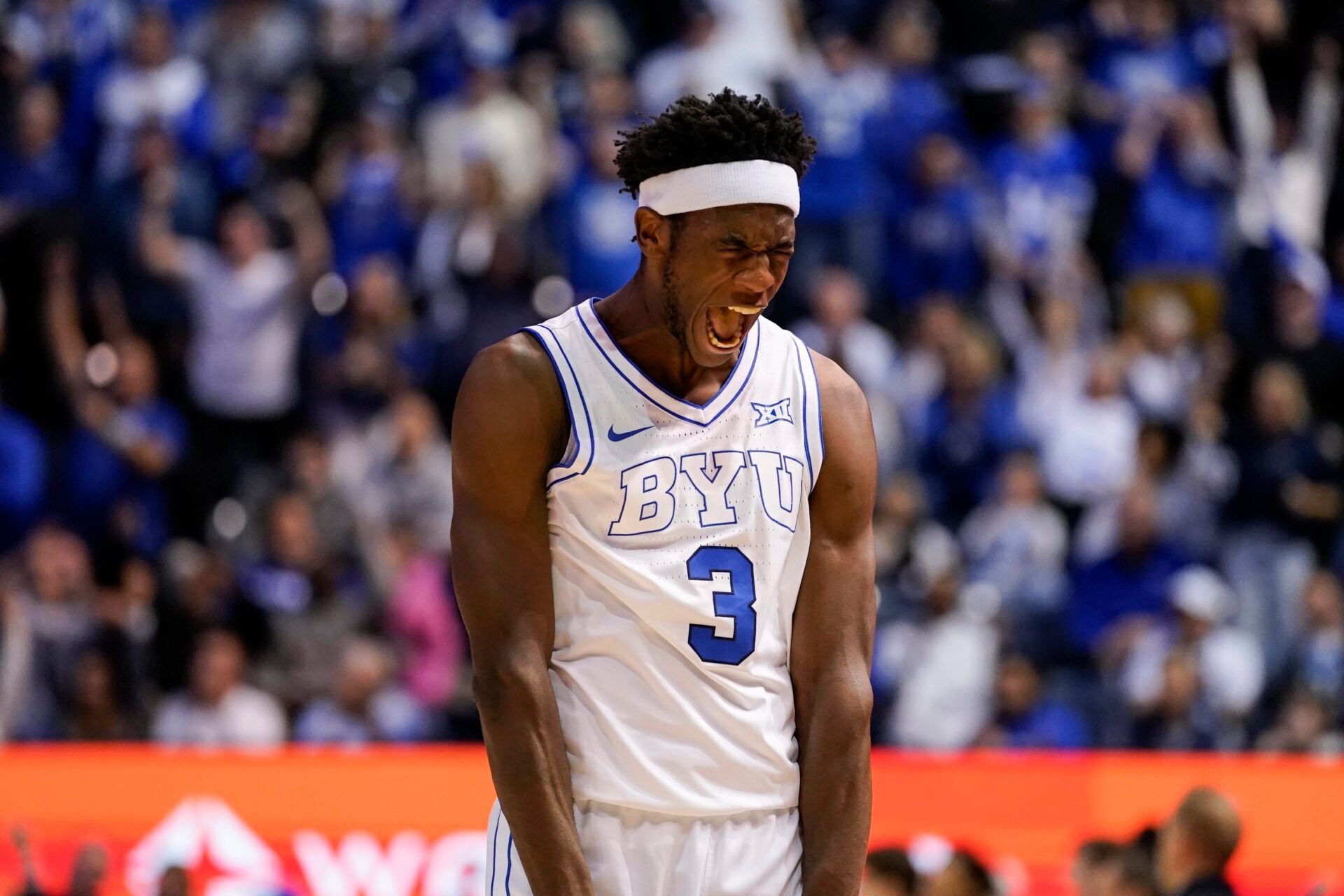 BYU Cougars forward AJ Dybantsa (3) reacts during the second half against the Iowa State Cyclones at Marriott Center.