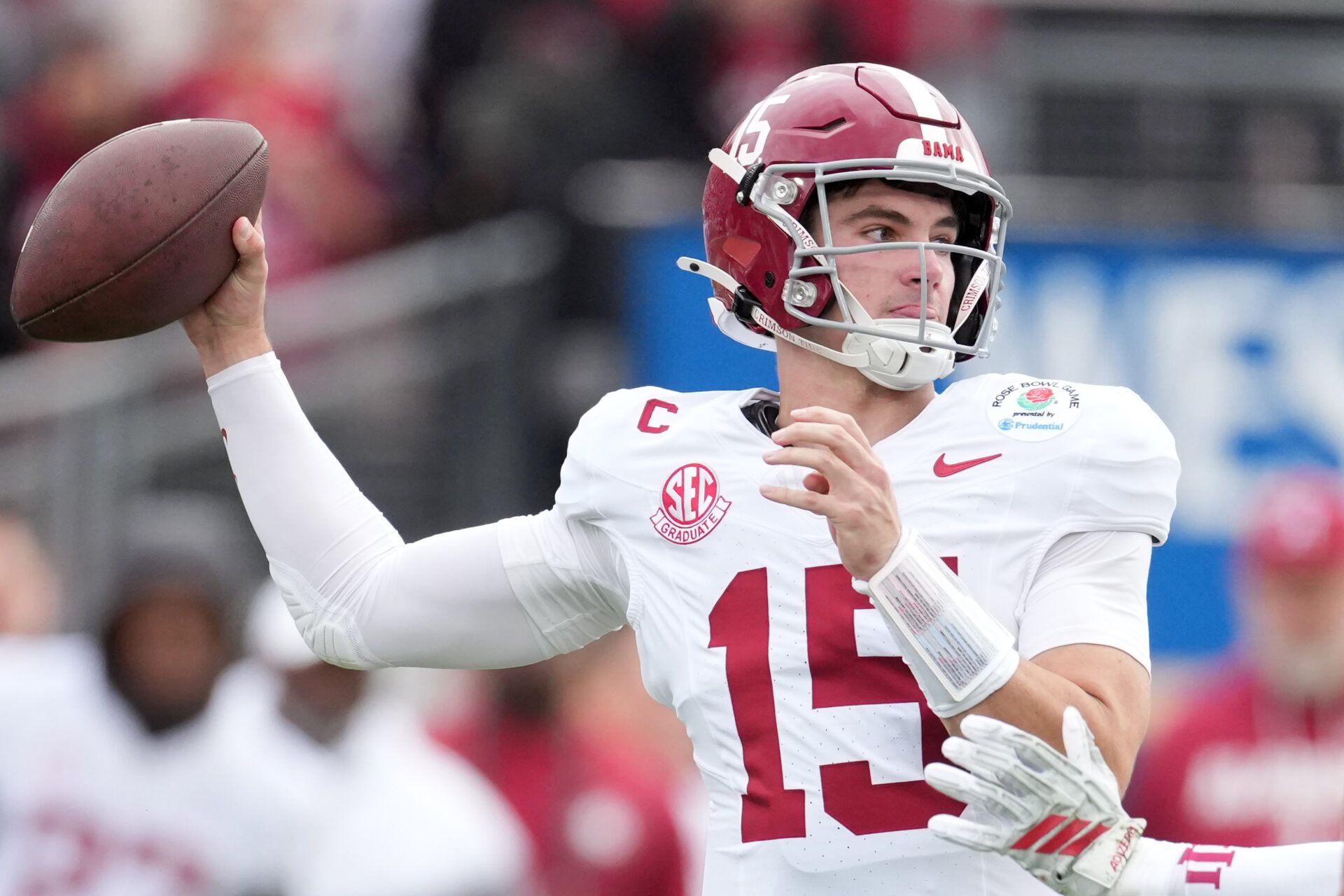 Alabama Crimson Tide quarterback Ty Simpson (15) passes against the Indiana Hoosiers in the first half of the 2026 Rose Bowl and quarterfinal game of the College Football Playoff at Rose Bowl Stadium.