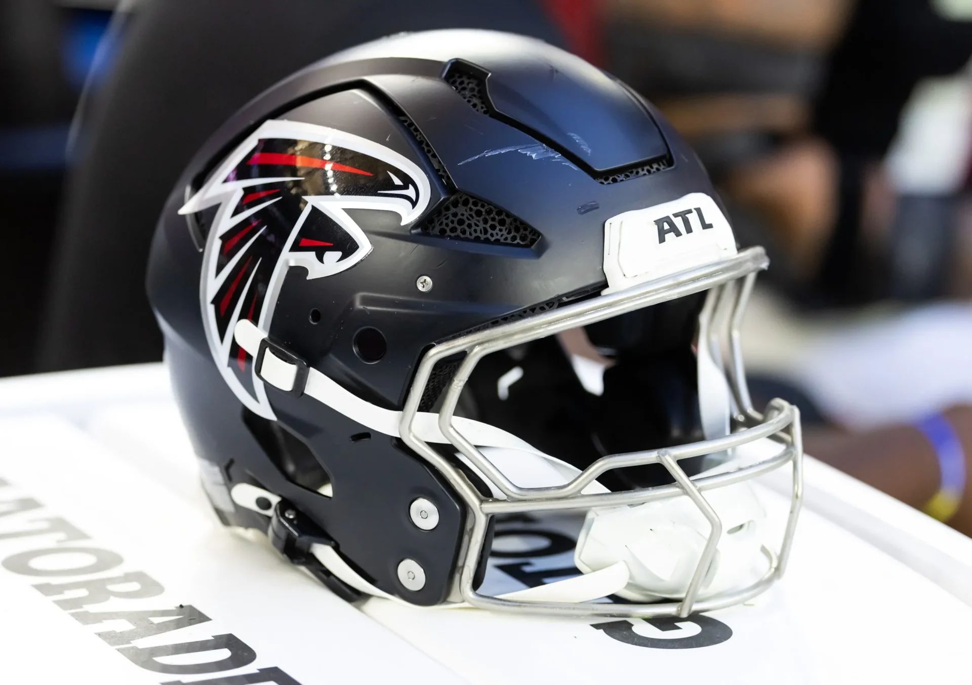 Detailed view of an Atlanta Falcons helmet at State Farm Stadium.