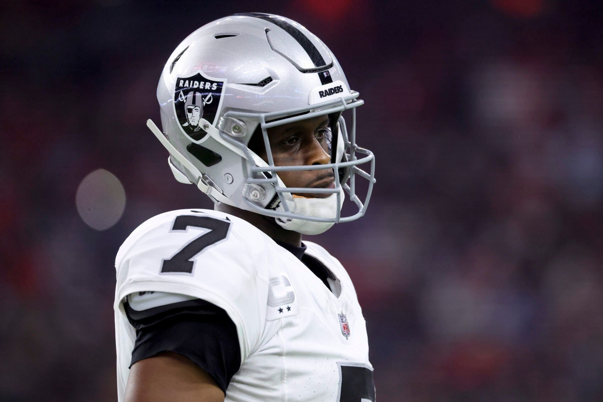 Las Vegas Raiders quarterback Geno Smith (7) looks towards the sideline during the game against the Houston Texans at NRG Stadium.