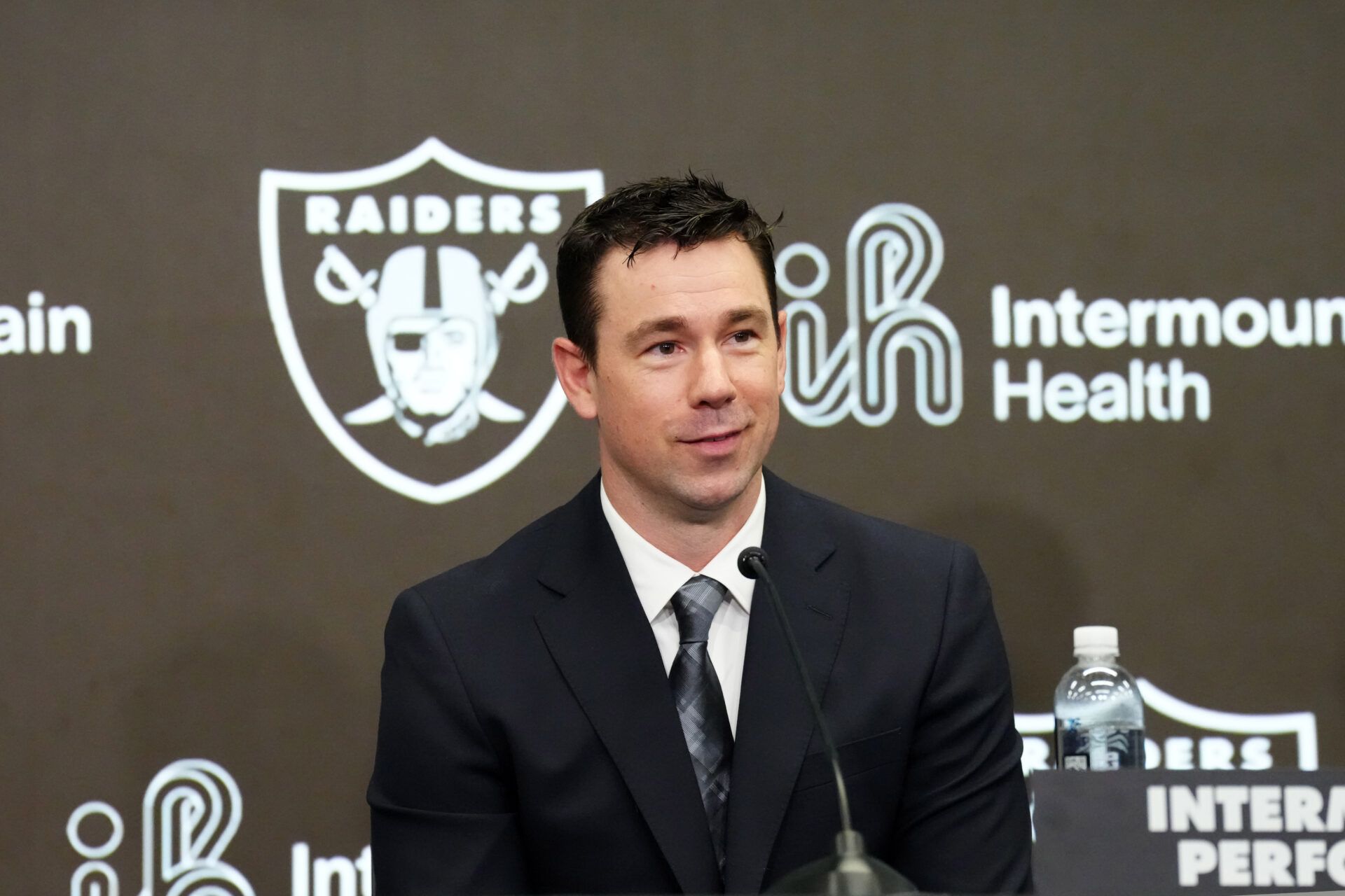 Las Vegas Raiders coach Klint Kubiak speaks at introductory press conference at Intermountain Health Performance Center.