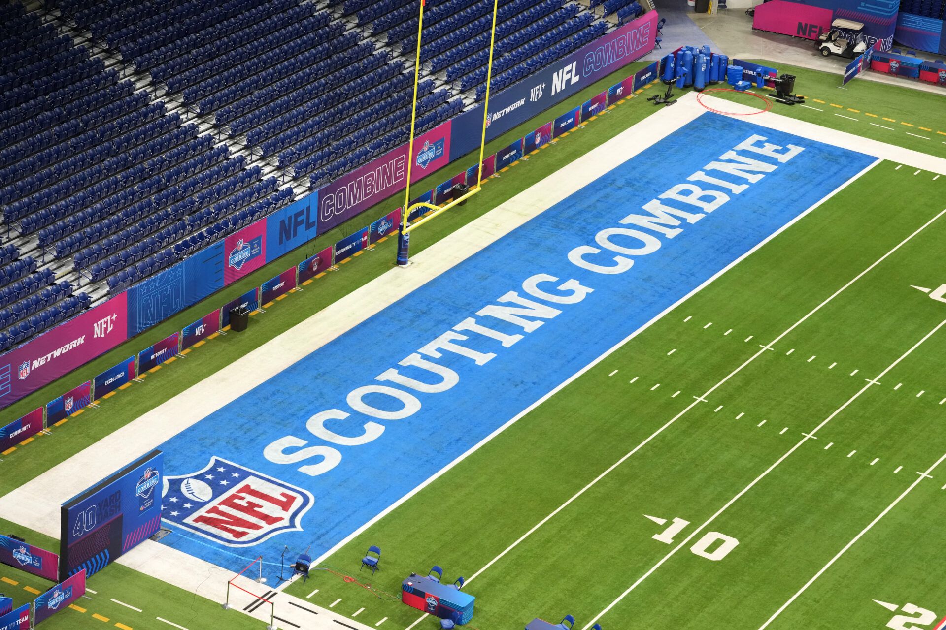 The 2026 NFL Scouting Combine logo in the end zone at Lucas Oil Stadium.