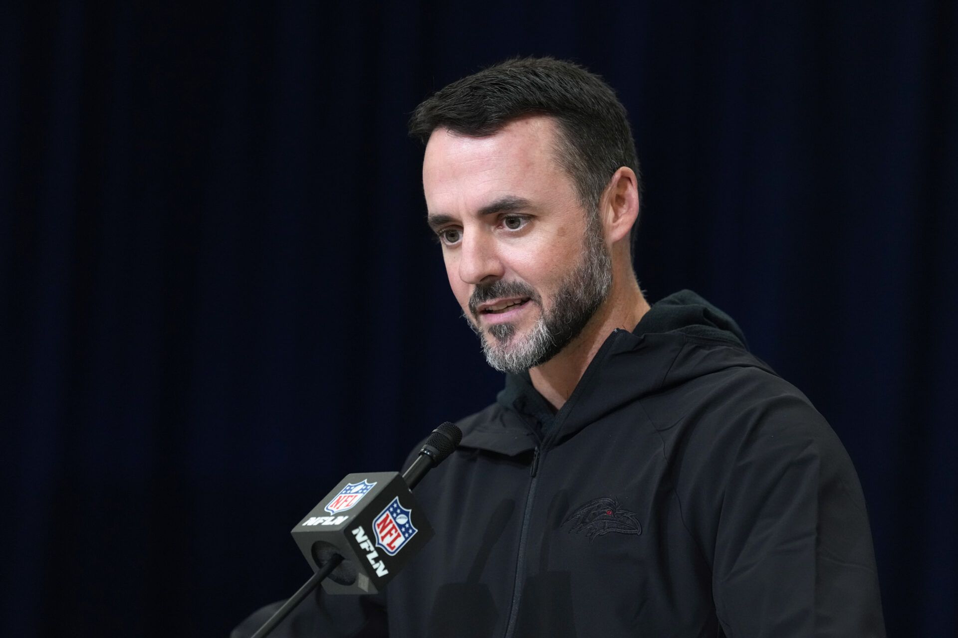 Baltimore Ravens coach Jesse Minter speaks at the NFL Scouting Combine at the Indiana Convention Center.