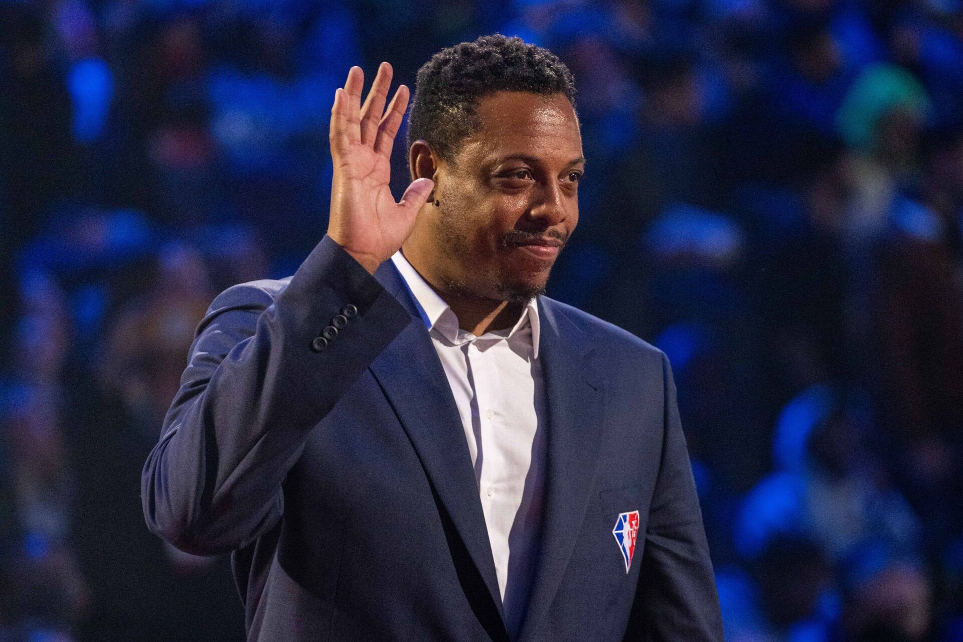 NBA great Paul Pierce is honored for being selected to the NBA 75th Anniversary Team during halftime in the 2022 NBA All-Star Game at Rocket Mortgage FieldHouse.