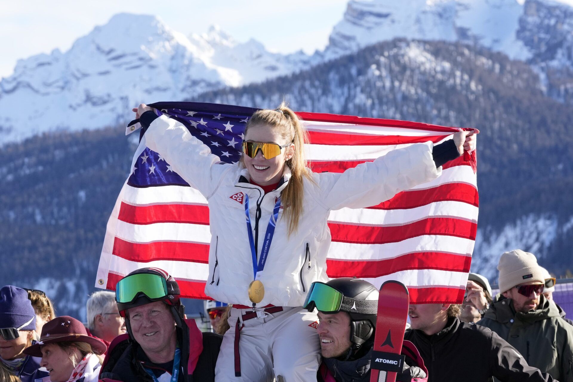 Gold medalist Mikaela Shiffrin of the United States celebrates after the women's slalom during the Milano Cortina 2026 Olympic Winter Games at Tofane Alpine Skiing Centre.