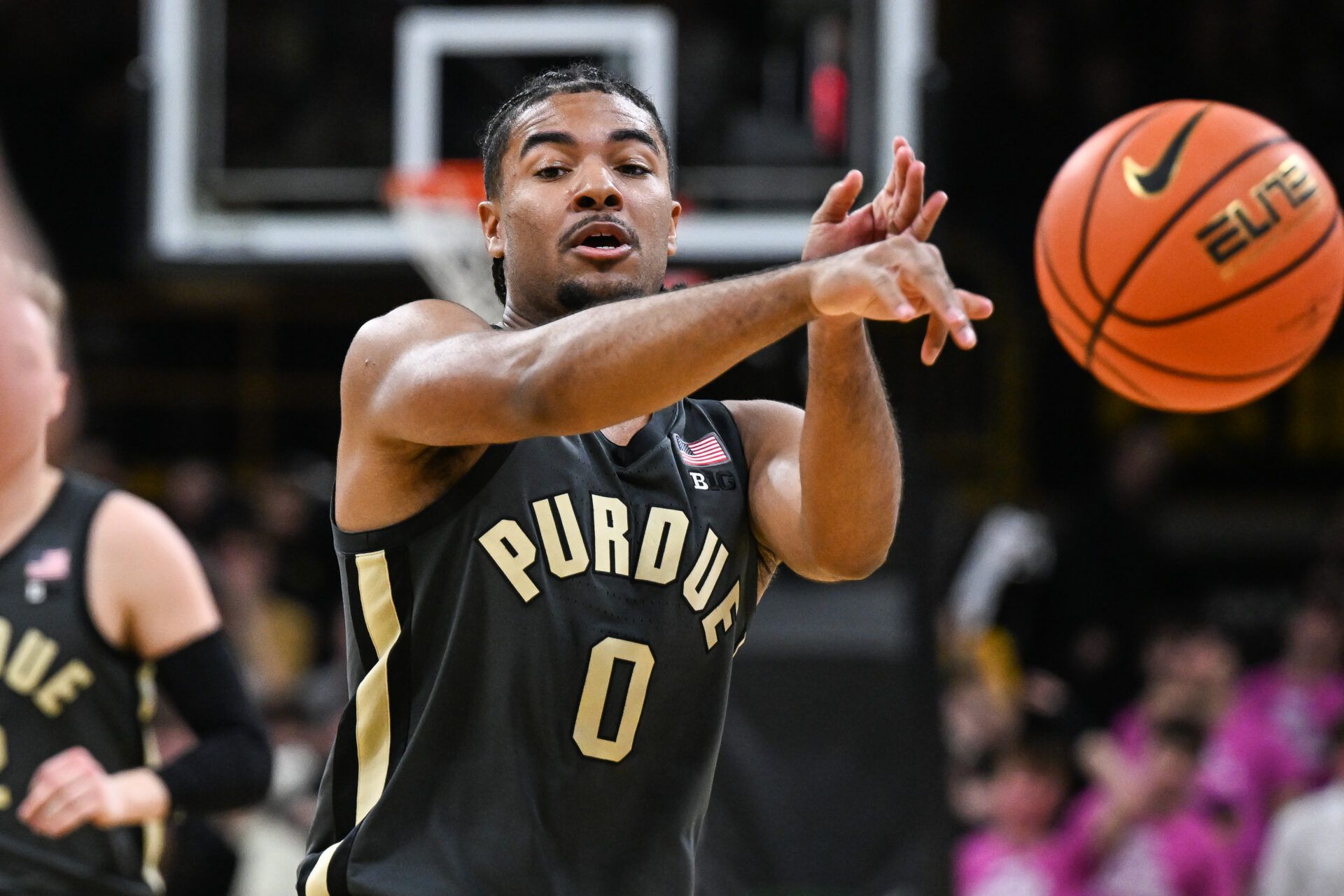 Purdue Boilermakers guard C.J. Cox (0) passes the ball against the Iowa Hawkeyes during the first half at Carver-Hawkeye Arena.