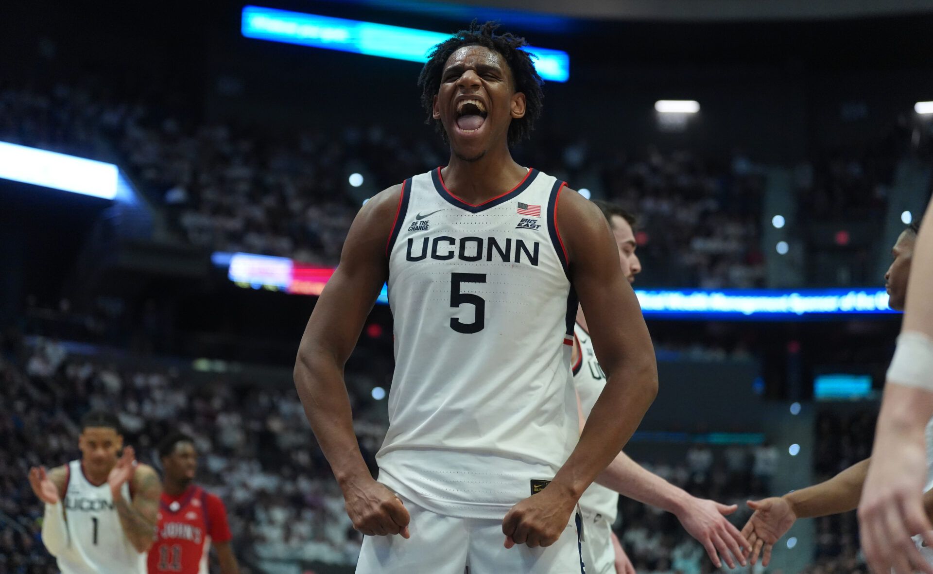 UConn Huskies forward Tarris Reed Jr. (5) reacts after a basket against the St. John's Red Storm in the second half at PeoplesBank Arena.