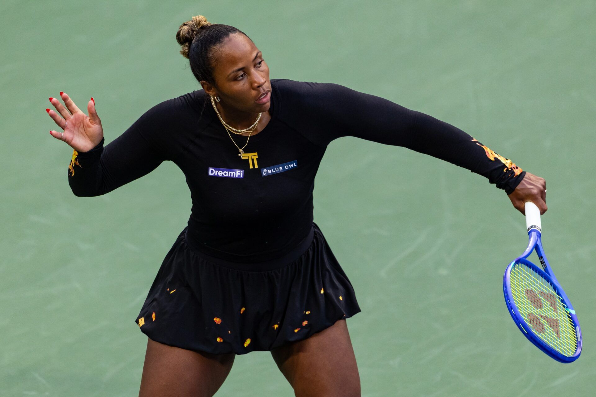 Taylor Townsend of the United States and Katerina Siniakova of Czech Republic in action against Venus Williams of the United States and Leylah Fernandez of Canada in the quarterfinal of the women’s doubles at the US Open at Louis Armstrong Stadium in Billie Jean King National Tennis Center.