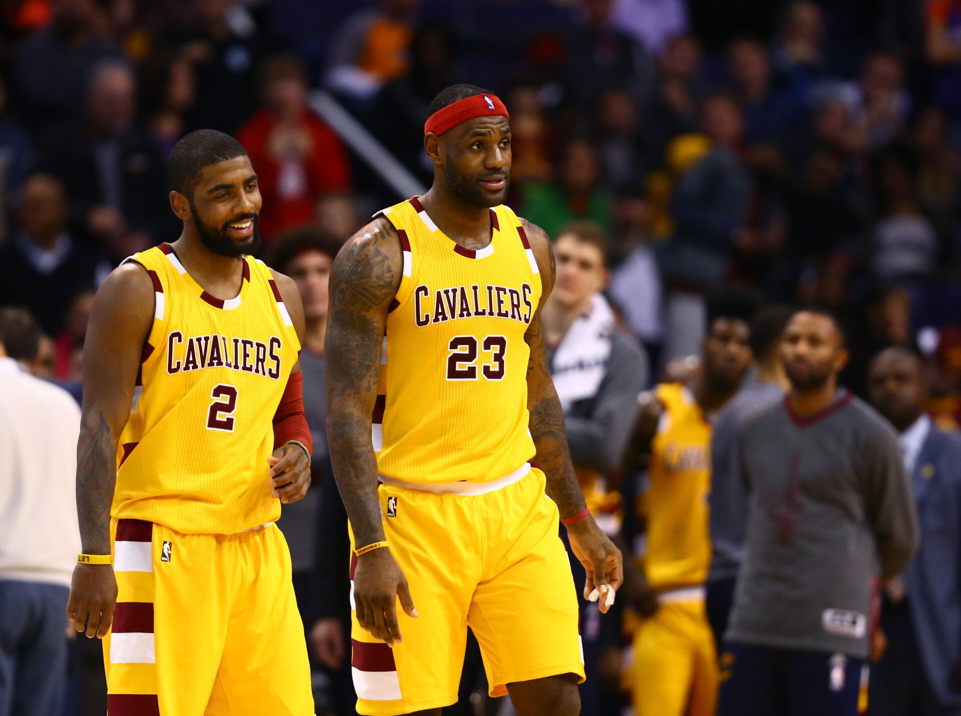 Cleveland Cavaliers forward LeBron James (23) alongside guard Kyrie Irving (2) against the Phoenix Suns at Talking Stick Resort Arena. The Cavaliers defeated the Suns 101-97.