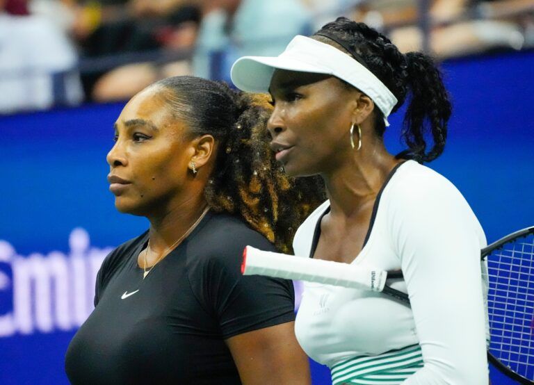 Serena Williams and Venus Williams of the USA play Lucie Hradecka and Linda Noskova of the Czech Republic in Woman's Doubles on day four of the 2022 U.S. Open tennis tournament at USTA Billie Jean King National Tennis Center.