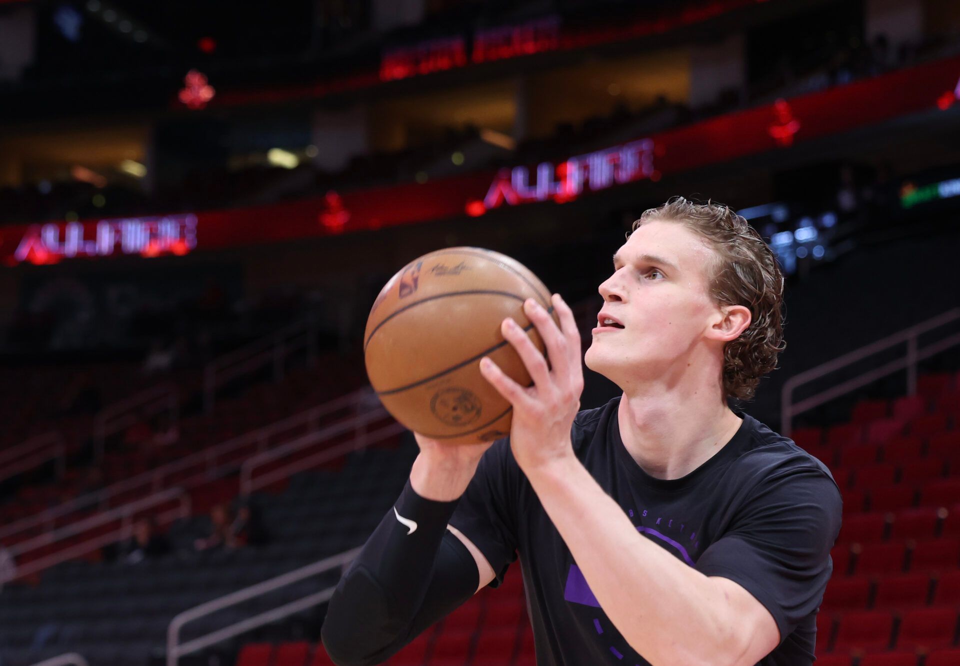 Utah Jazz forward Lauri Markkanen (23) warms up before playing against the Houston Rockets at Toyota Center.