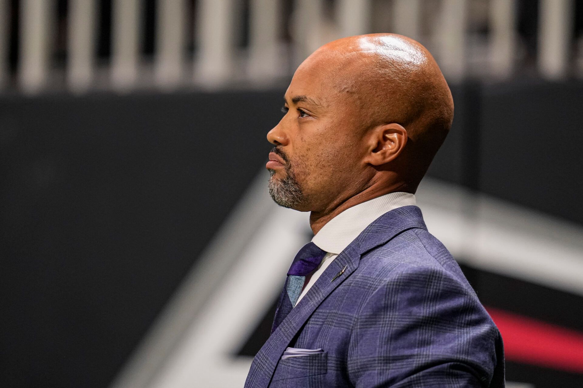 Atlanta Falcons general manager Terry Fontenot watches a game against the New Orleans Saints during the second half at Mercedes-Benz Stadium.