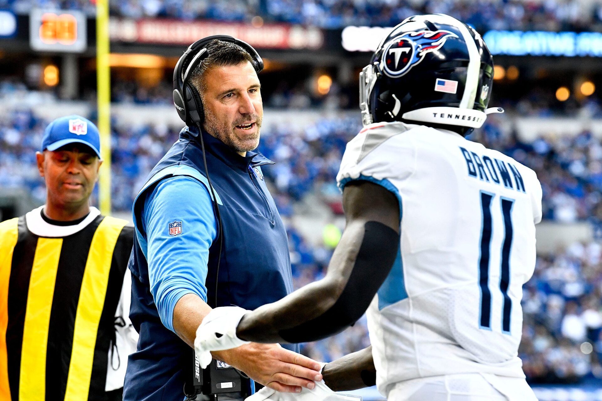 Tennessee Titans head coach Mike Vrabel congratulates wide receiver A.J. Brown (11) on his touchdown during the second quarter at Lucas Oil Stadium Sunday, Oct. 31, 2021 in Indianapolis, Ind.

Titans Colts 063