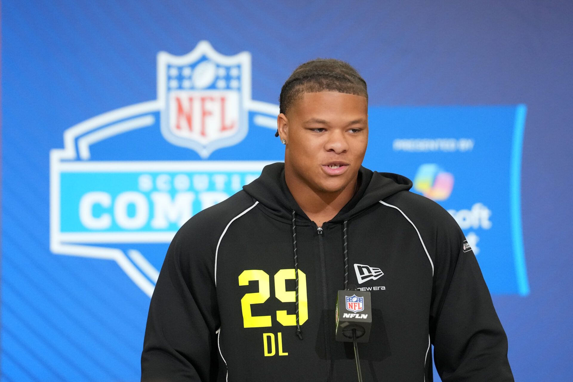Clemson defensive lineman Peter Woods (DL29) speaks during the NFL Scouting Combine at the Indiana Convention Center.