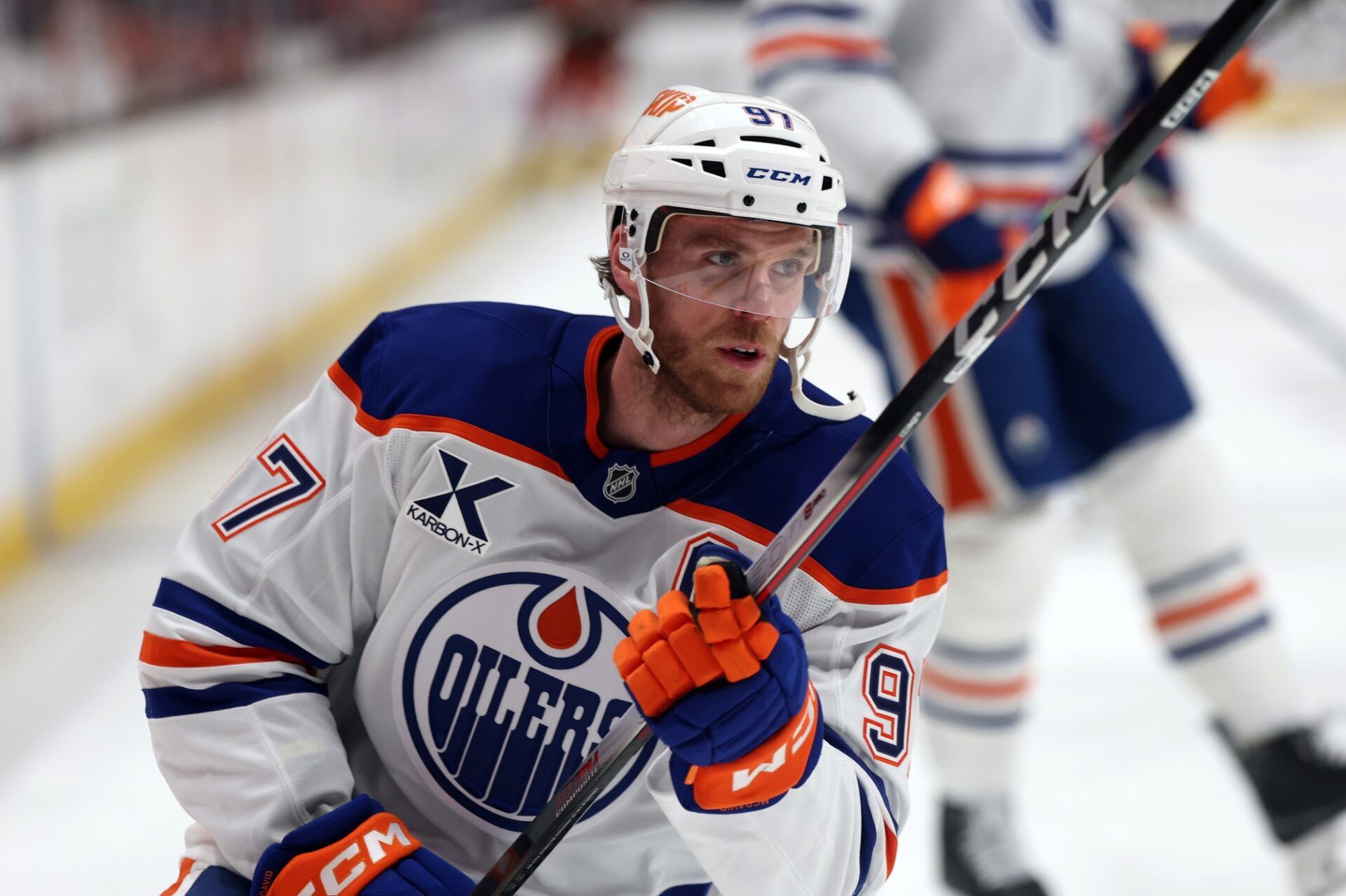 Edmonton Oilers center Connor McDavid (97) warms up before the game against the Anaheim Ducks at Honda Center.