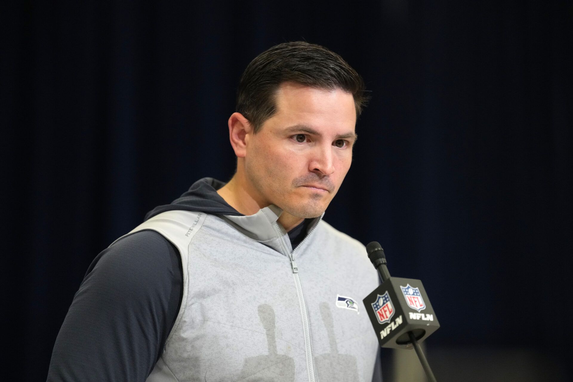 Seattle Seahawks coach Mike Macdonald speaks during the NFL Scouting Combine at the Indiana Convention Center.