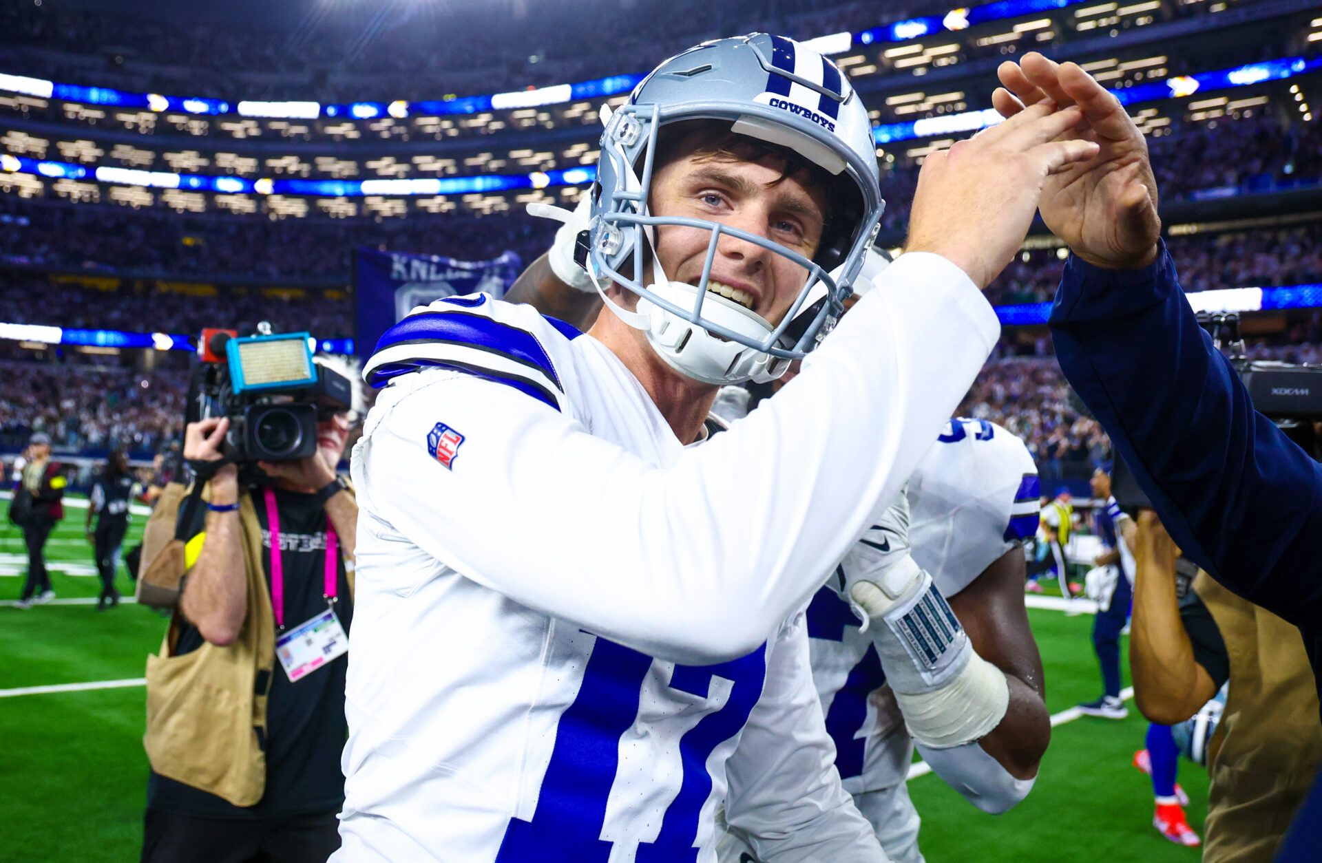 Dallas Cowboys place kicker Brandon Aubrey (17)  celebrates after kicking the game winning field goal against the Philadelphia Eagles at AT&T Stadium.