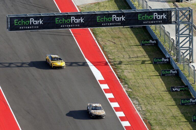 NASCAR Cup Series driver Kyle Bush (8) is trailed by NASCAR Cup Series driver Christopher Bell (20) during the EchoPark Automotive Grand Prix at Circuit of the Americas.