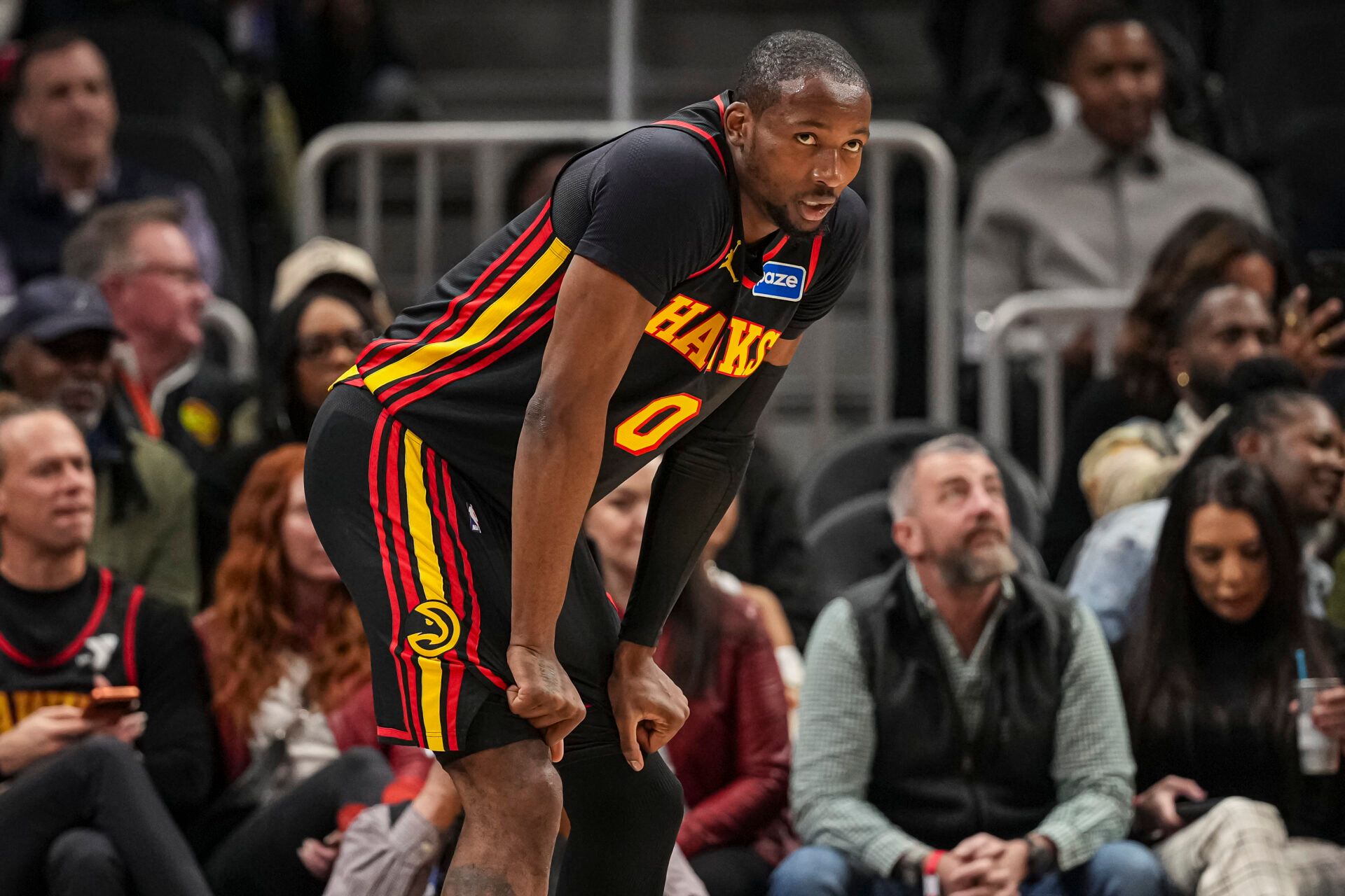 Atlanta Hawks forward Jonathan Kuminga (0) on the court against the Washington Wizards during the first half at State Farm Arena.