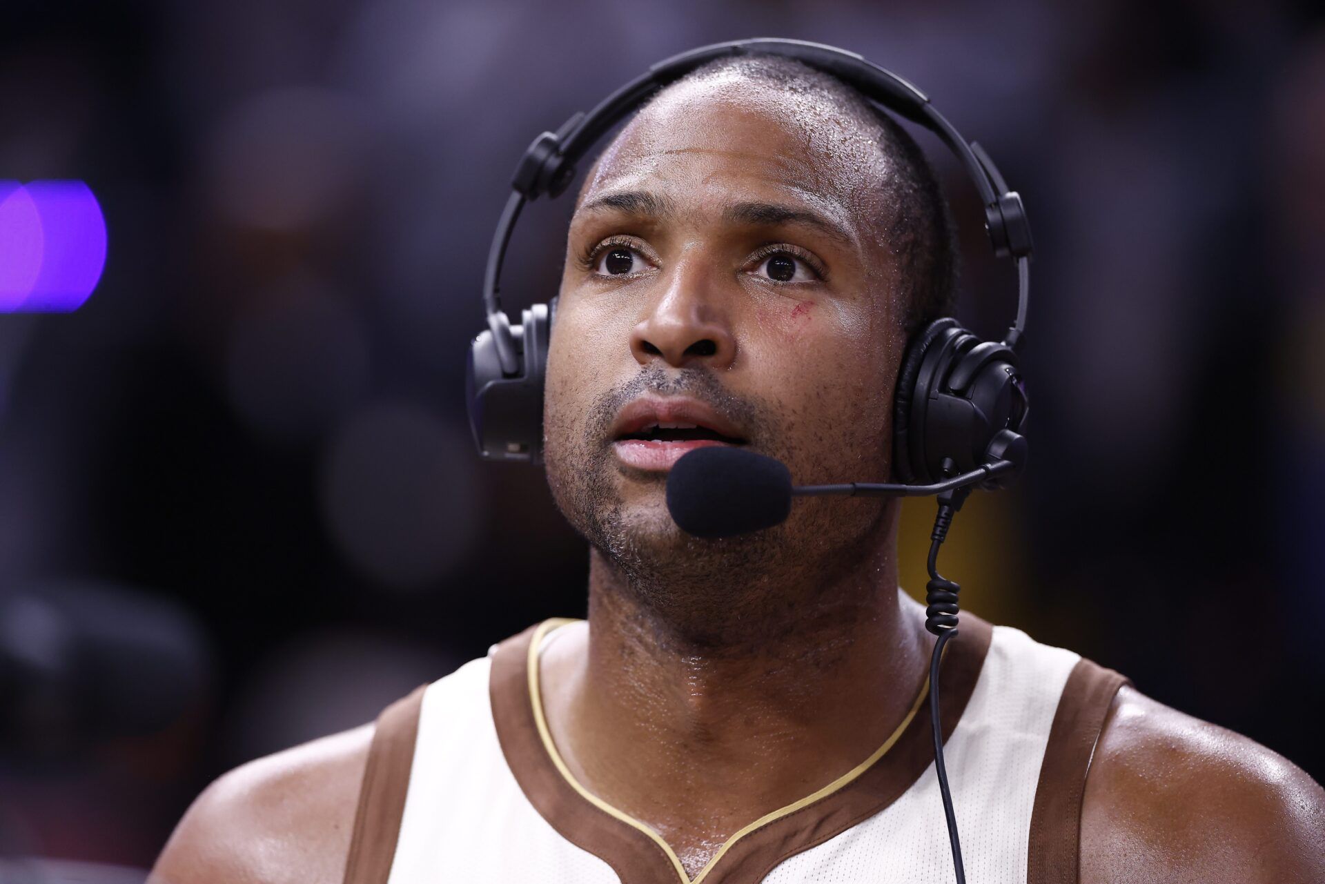 Golden State Warriors center Al Horford (20) speaks to the media after the game against the Memphis Grizzlies at Chase Center.
