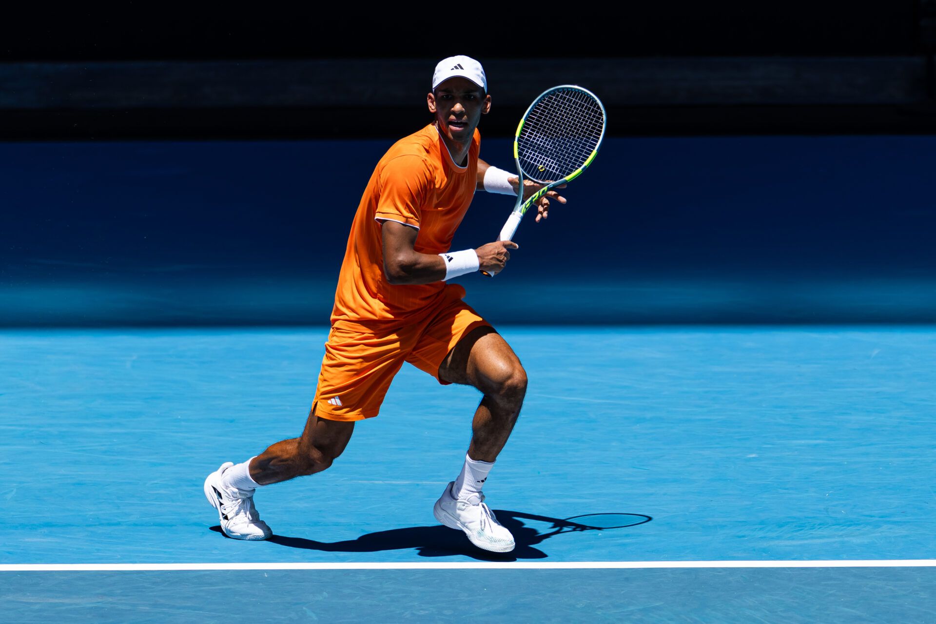 Felix Auger-Aliassime of Canada in action against Nuno Borges of Portugal in the first round of the men’s singles at the Australian Open at John Cain Arena in Melbourne Park.