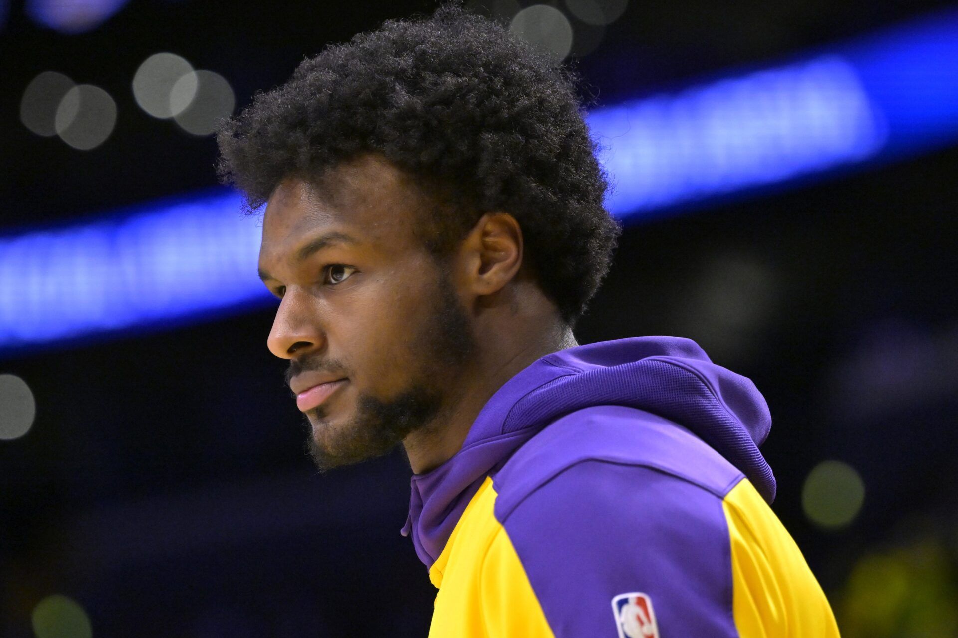 Los Angeles Lakers guard Bronny James (9) warms up in the second half of the game against the Washington Wizards at Crypto.com Arena.