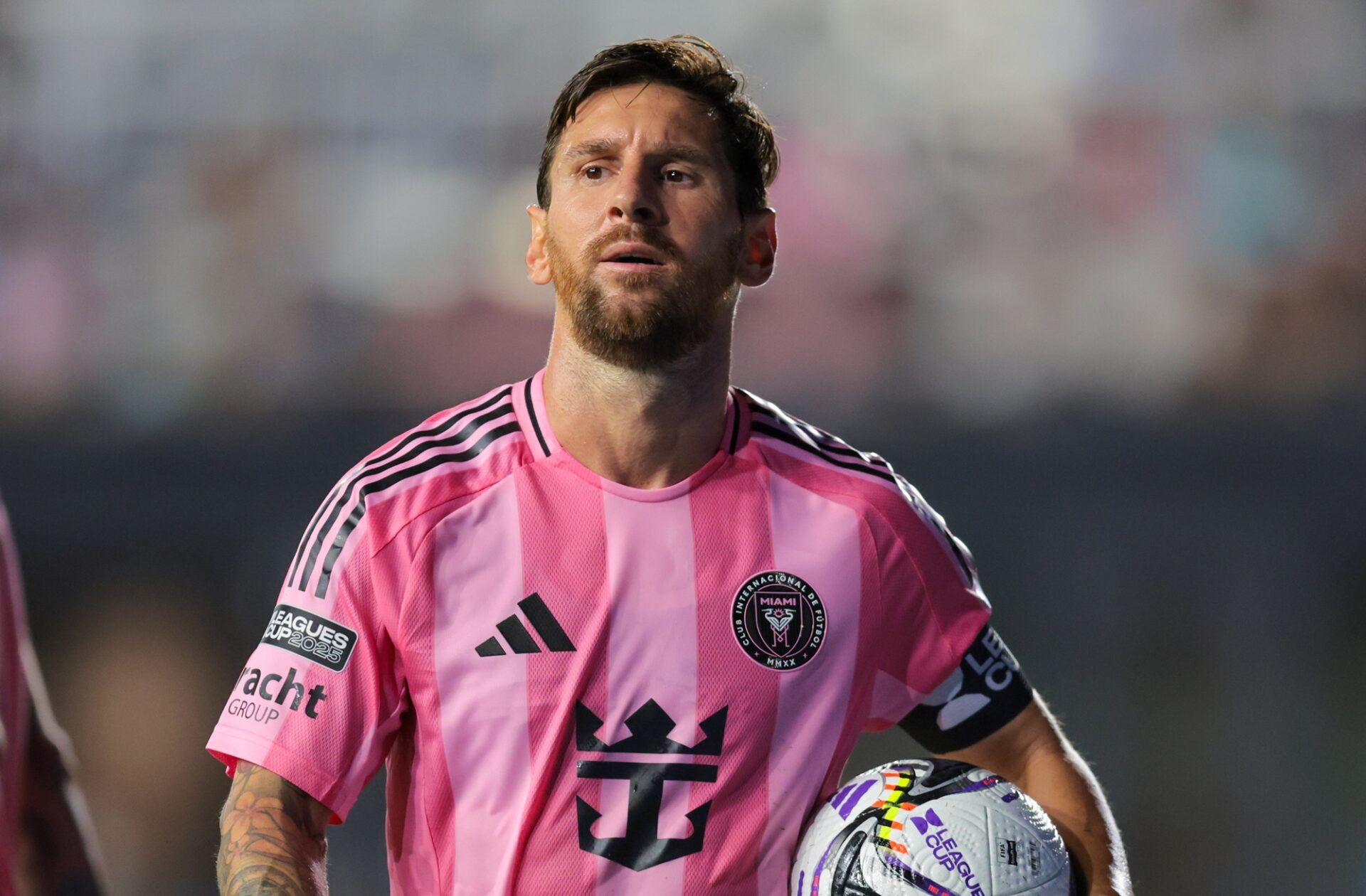 Inter Miami CF forward Lionel Messi (10) looks on against Atlas FC during the second half of a group stage Leagues Cup match at Chase Stadium.