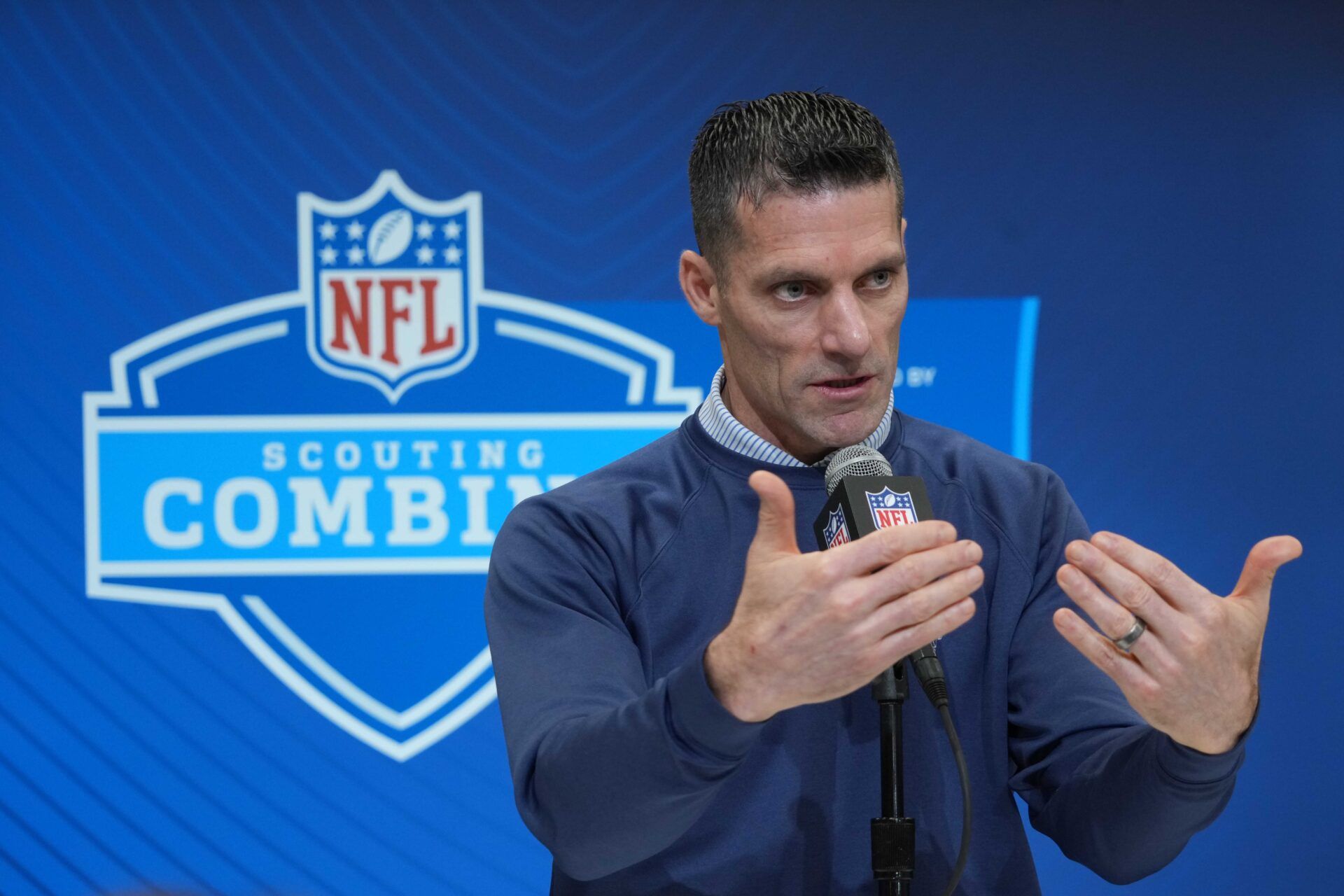 Houston Texans general manager Nick Caserio speaks during the 2025 NFL Scouting Combine at the Indiana Convention Center.